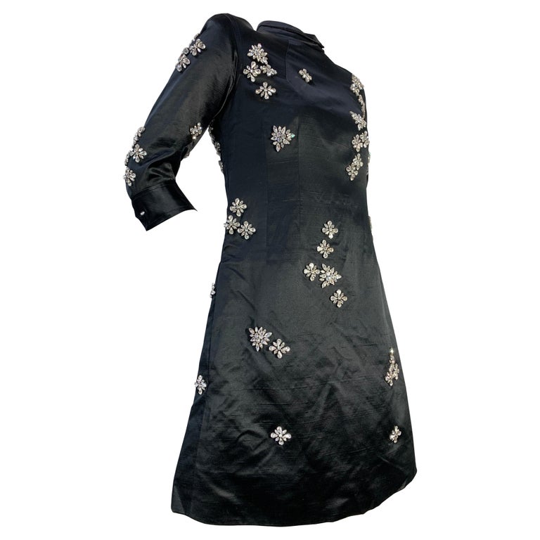 1968 James Galanos Black Silk Satin A-Line Cocktail Dress w Scattered  Rhinestone