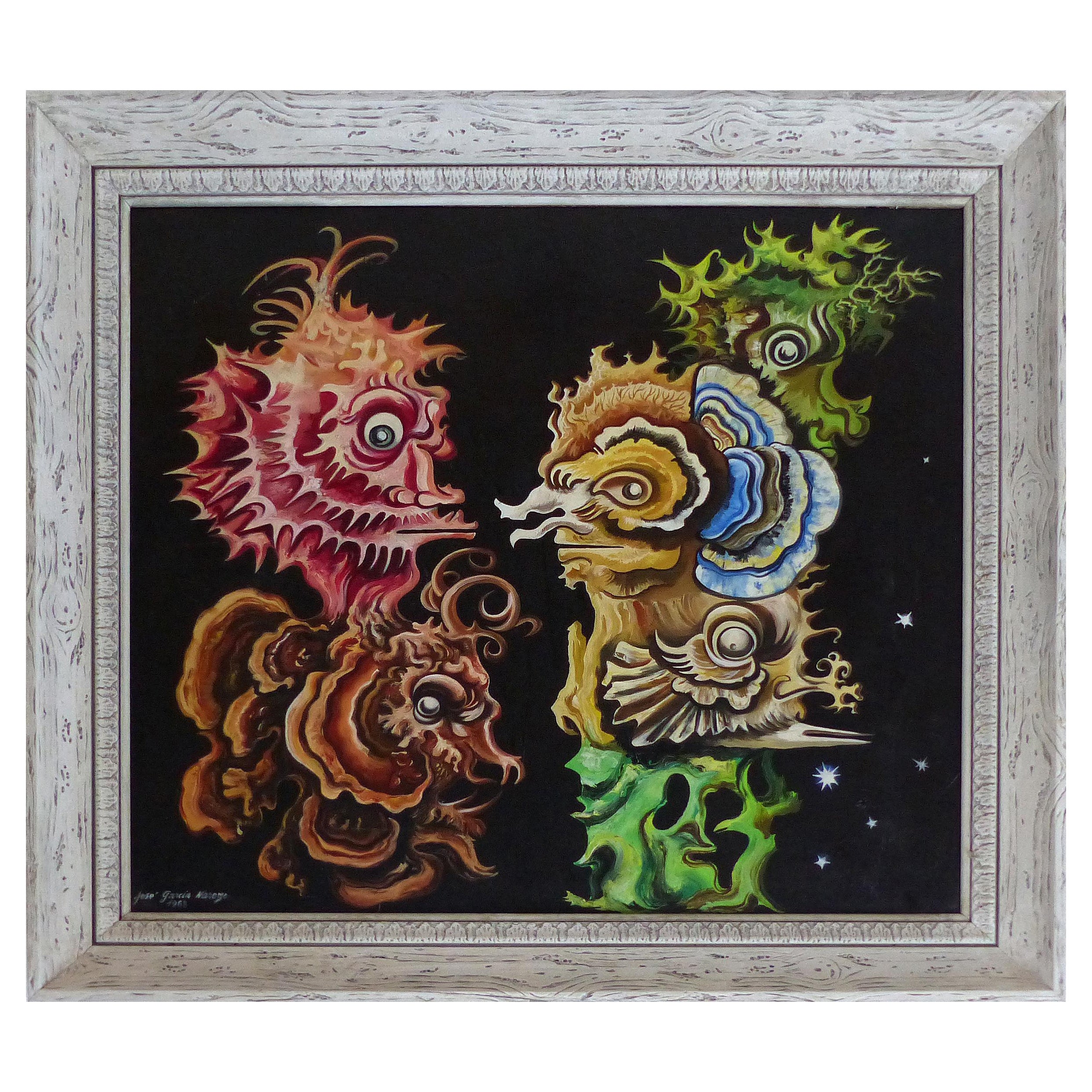 1968 José García Narezo Seahorses Oil Painting, Mexican