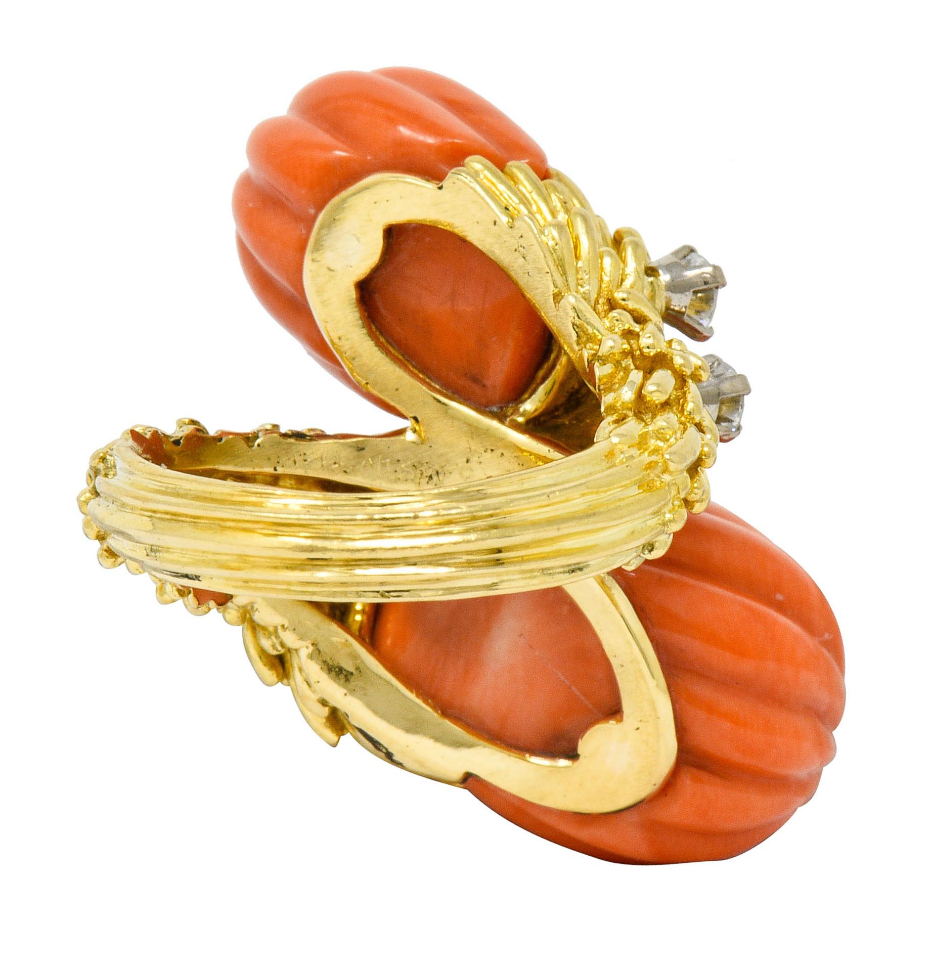 1968 Kutchinsky British Diamond Coral 18 Karat Gold Vintage Bypass Ring In Excellent Condition In Philadelphia, PA