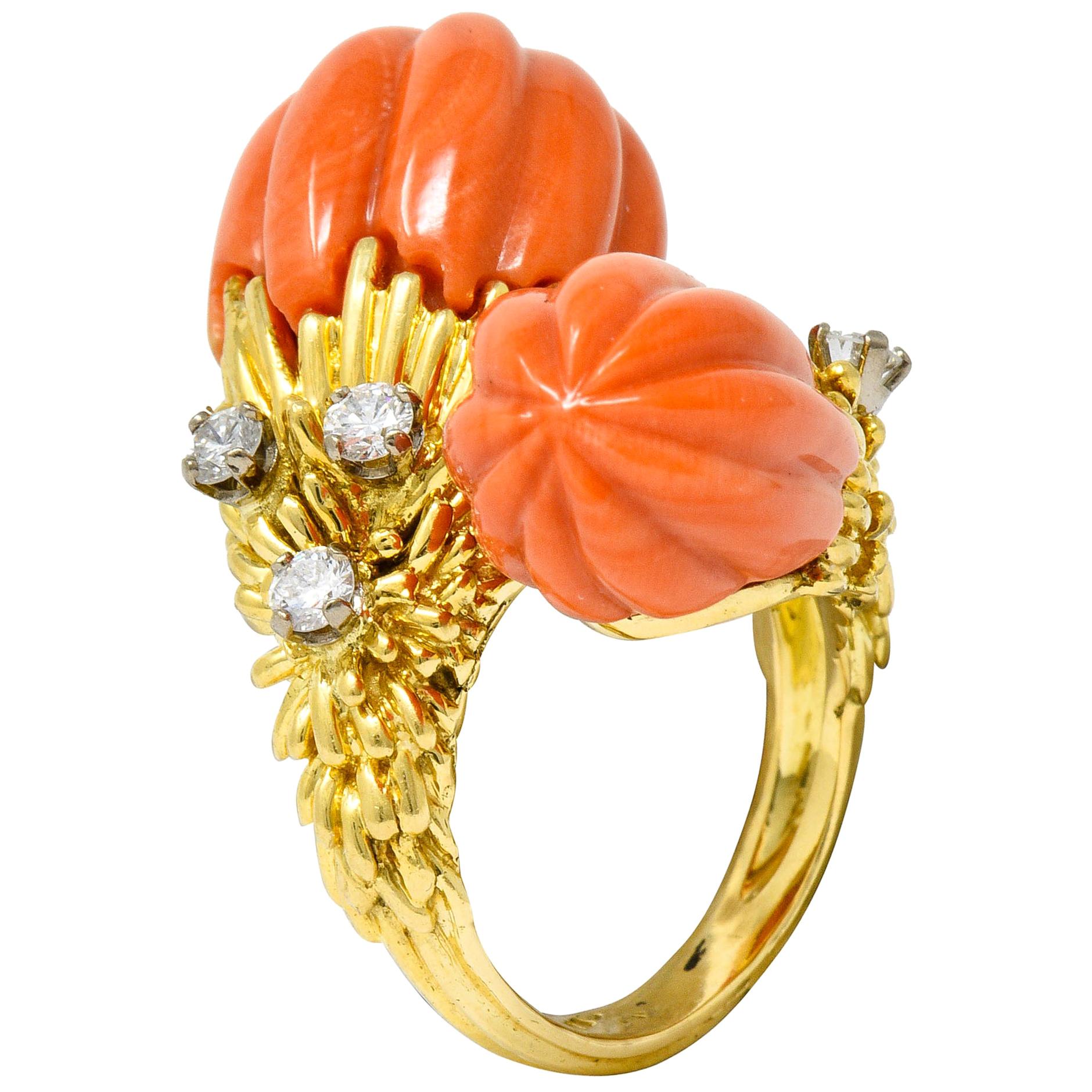 1968 Kutchinsky British Diamond Coral 18 Karat Gold Vintage Bypass Ring