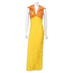 1968 La Mendola Couture Schwer plissiertes gelbes Seiden-Jersey-Glamour-Kleid mit Perlenbesatz aus Seide