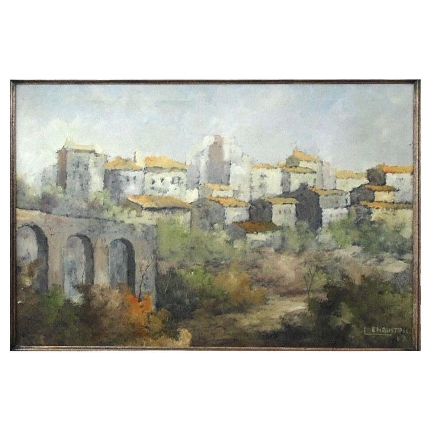 1968 Italian village landscape painting by Leonardo De Magistris (1933-2010)

A beautiful oil on canvas original painting by 20th century Italian painter, Leonardo De Magistris (1933-2010 ). 
Wonderful soft hues of brick red, orange, rose,