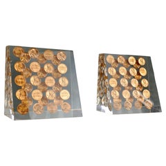 1968 Lincoln Cent Copper Penny Lucite Block Sculptural Bookends