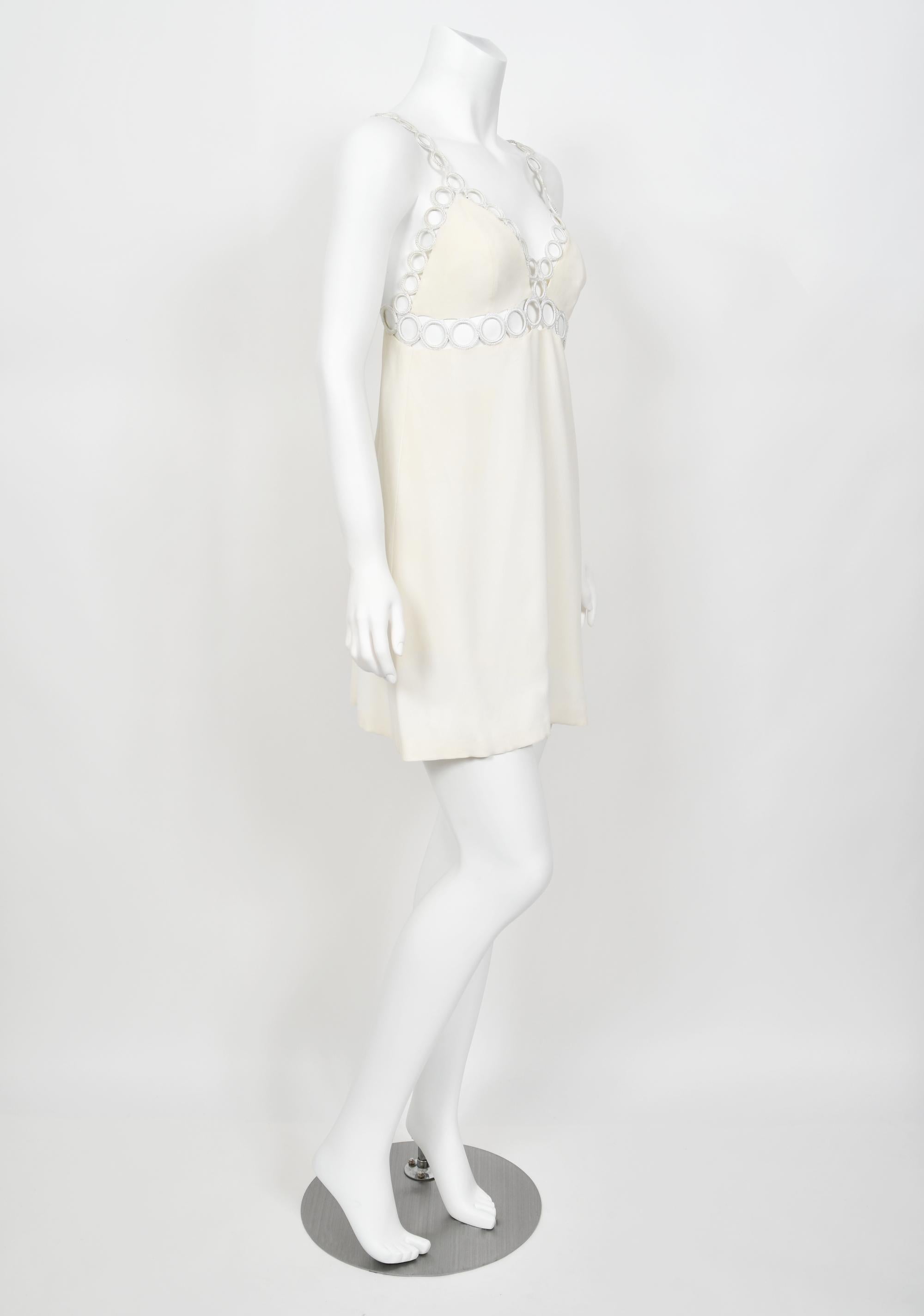 1968 Loris Azzaro Couture Documented Elle Magazine Ivory Silk Cut-Out Mini Dress For Sale 4