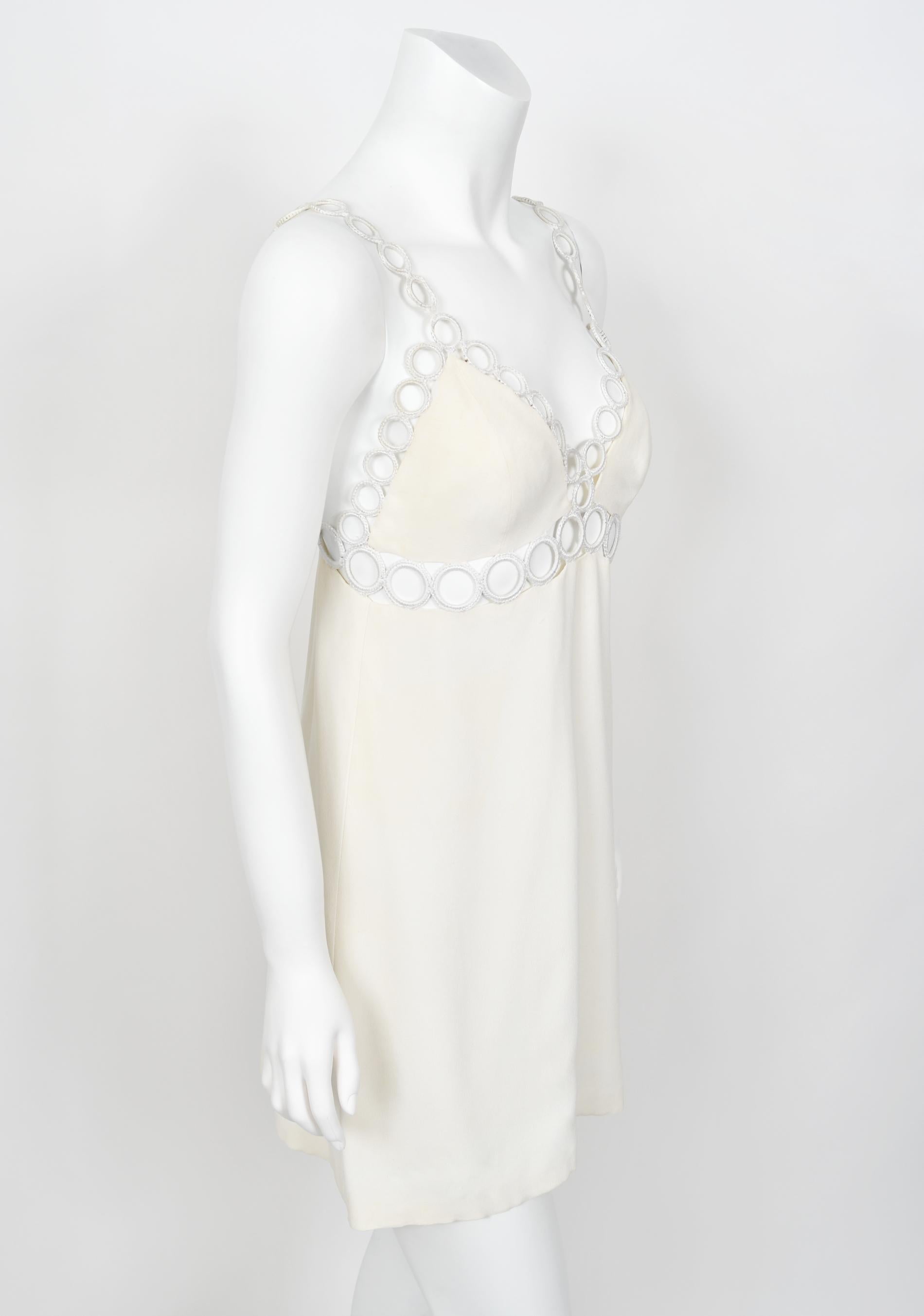 1968 Loris Azzaro Couture Documented Elle Magazine Ivory Silk Cut-Out Mini Dress For Sale 5