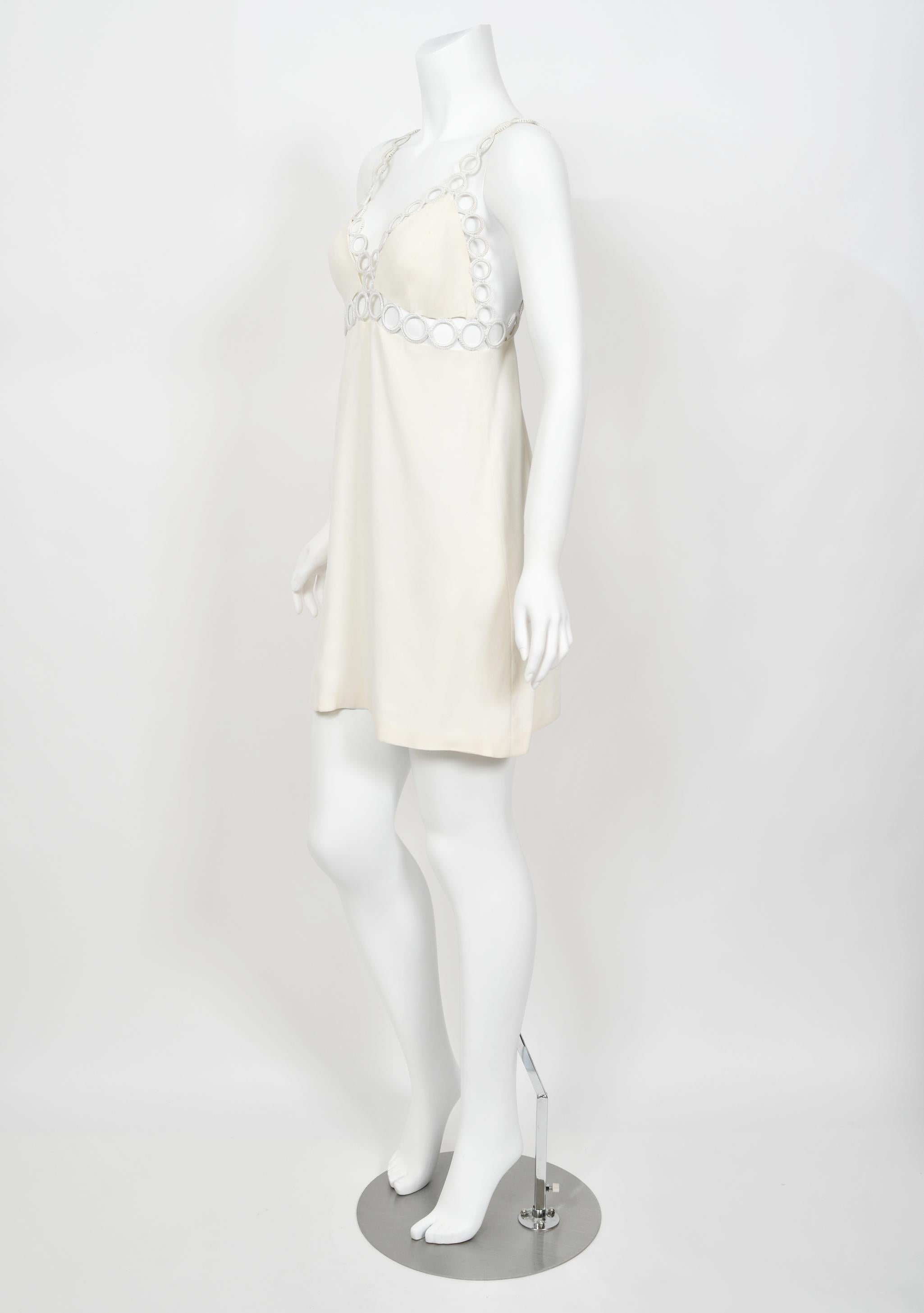1968 Loris Azzaro Couture Documented Elle Magazine Ivory Silk Cut-Out Mini Dress For Sale 6