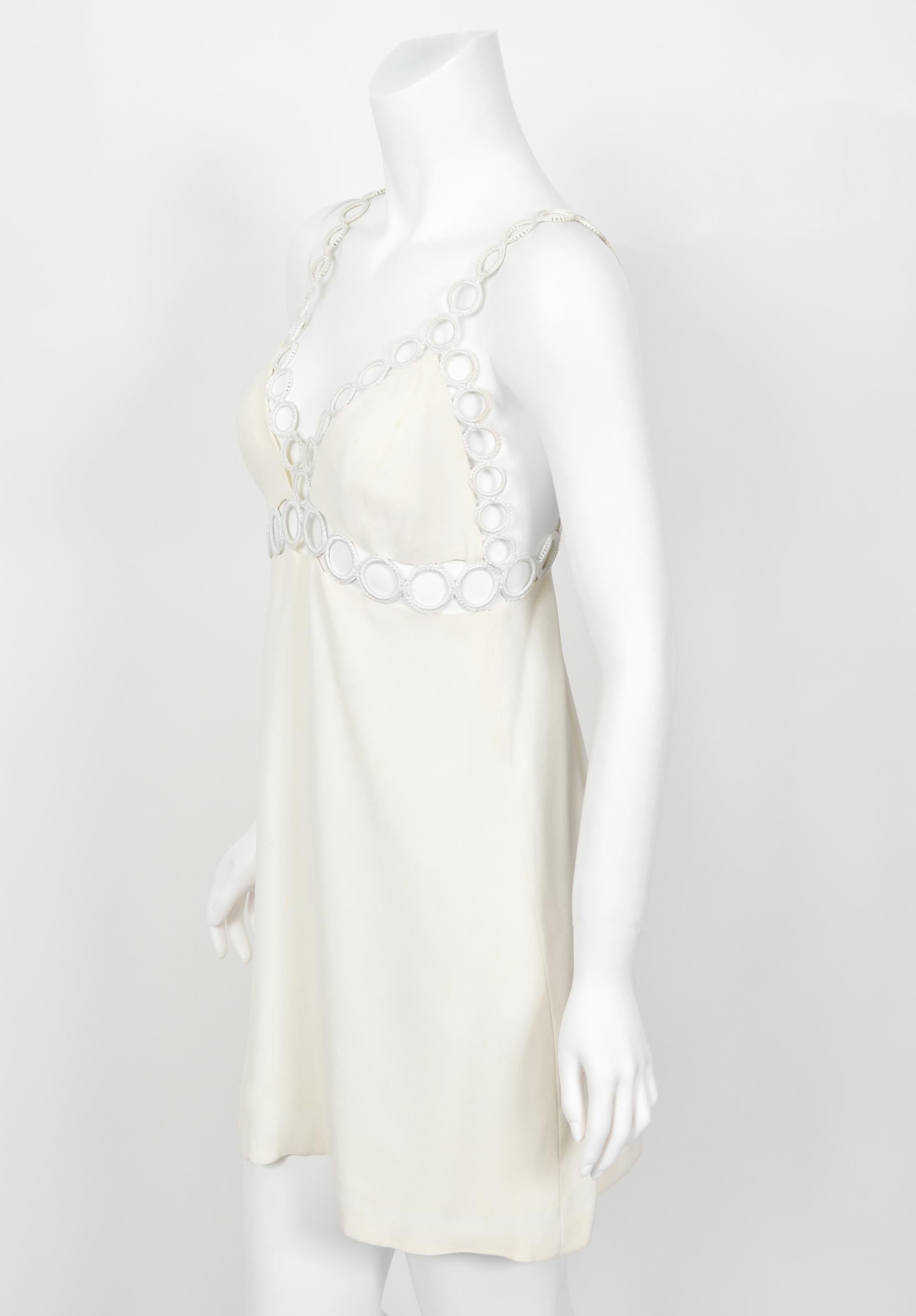 1968 Loris Azzaro Couture Documented Elle Magazine Ivory Silk Cut-Out Mini Dress For Sale 7