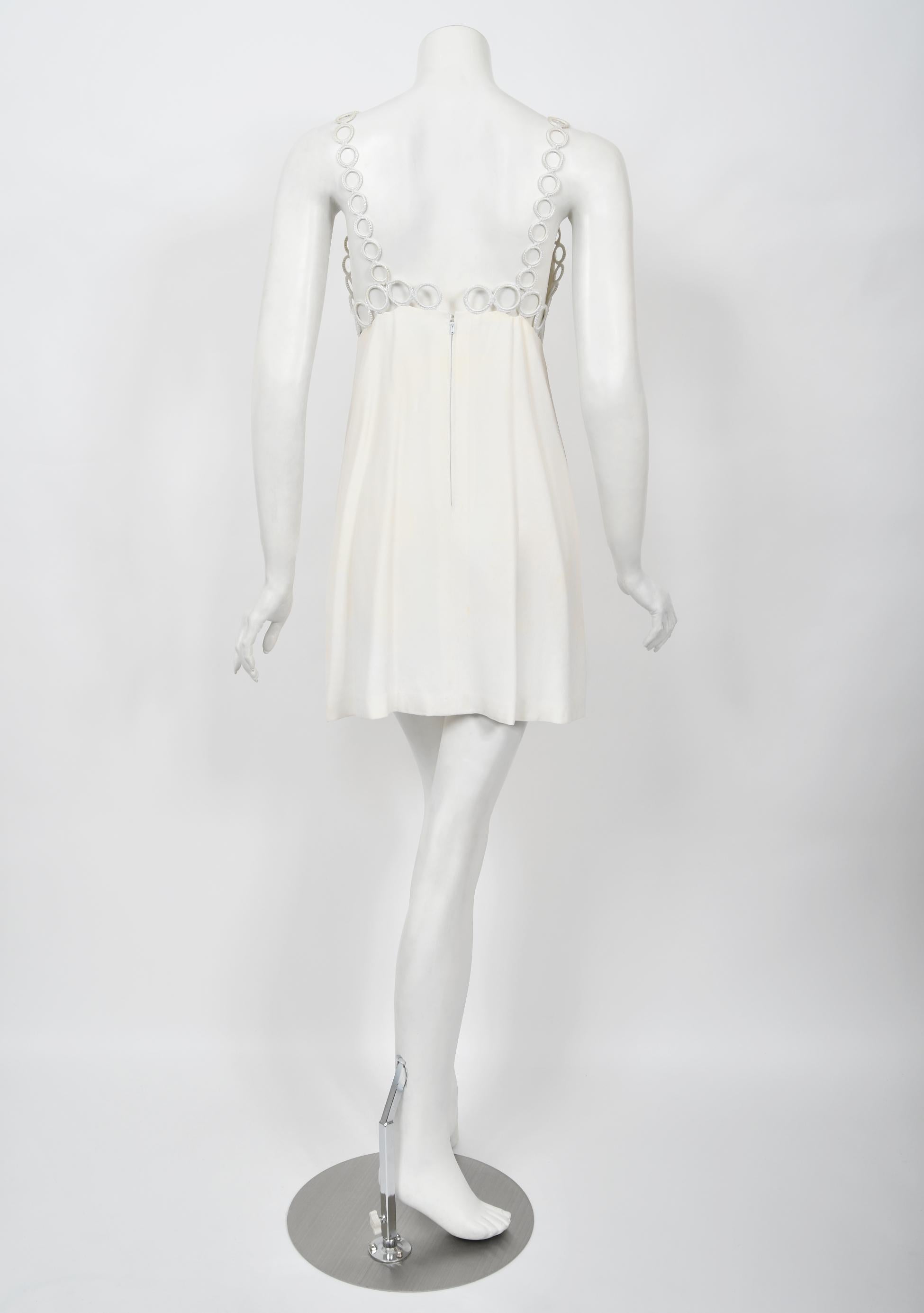 1968 Loris Azzaro Couture Documented Elle Magazine Ivory Silk Cut-Out Mini Dress For Sale 8