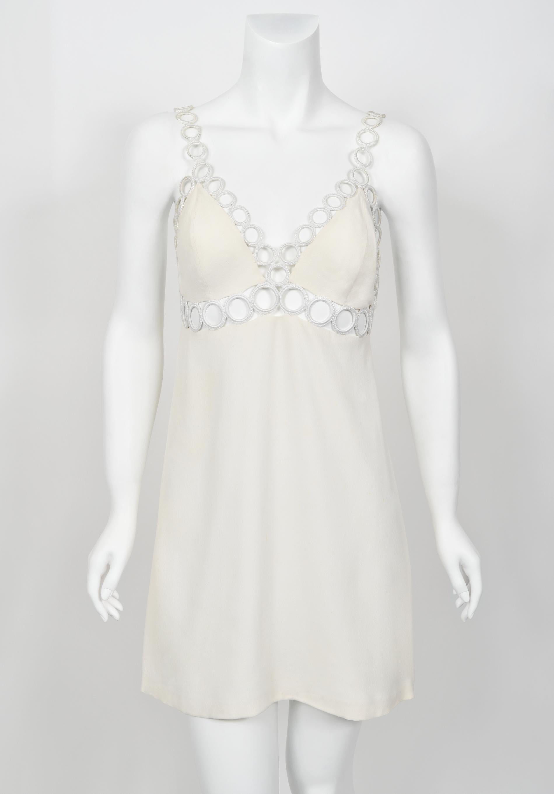 1968 Loris Azzaro Couture Documented Elle Magazine Ivory Silk Cut-Out Mini Dress For Sale 2