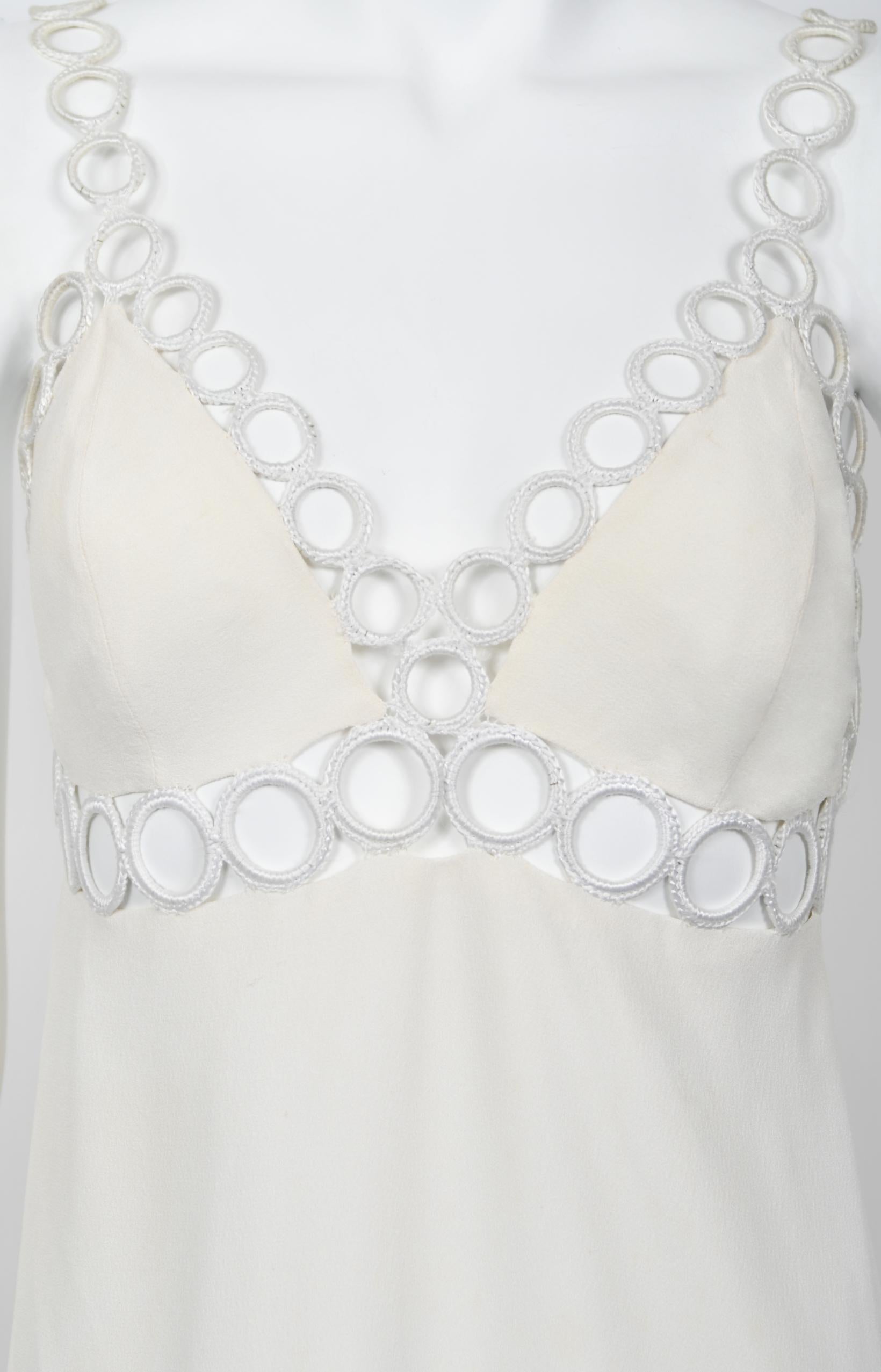 1968 Loris Azzaro Couture Documented Elle Magazine Ivory Silk Cut-Out Mini Dress For Sale 3