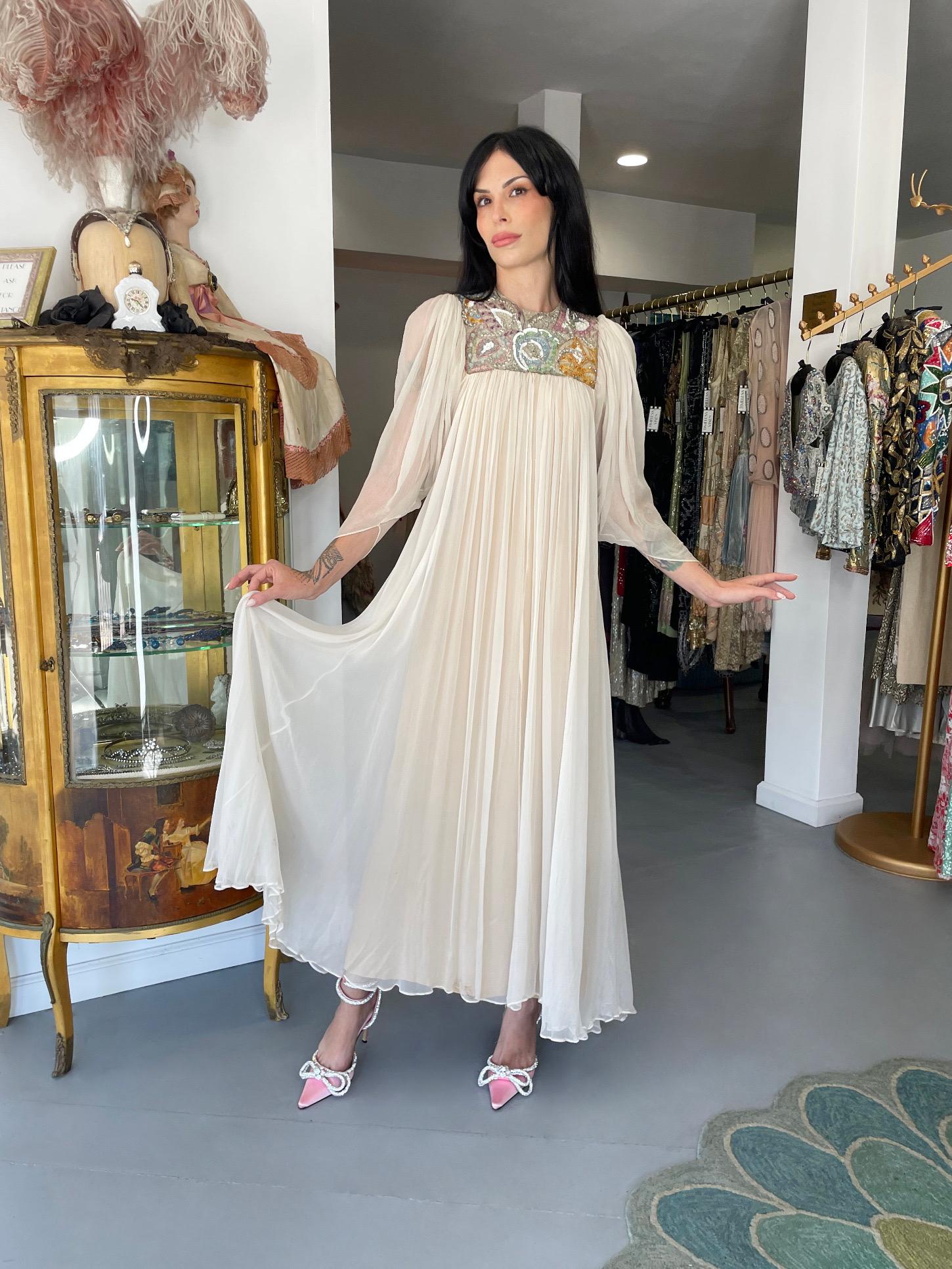 1968 Madame Grès Haute Couture Beaded Embroidered Ivory Sheer Silk Bridal Gown 8