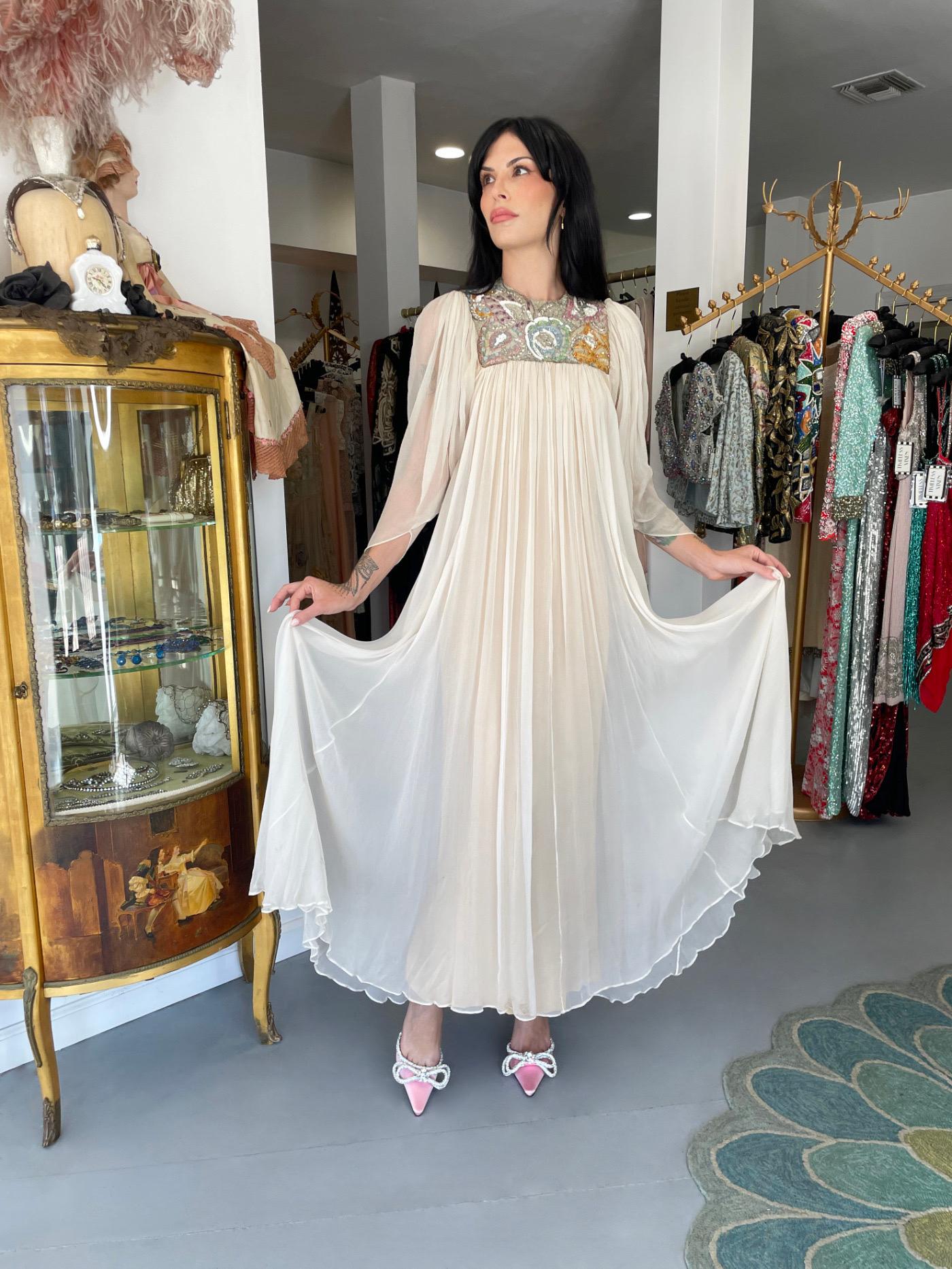 1968 Madame Grès Haute Couture Beaded Embroidered Ivory Sheer Silk Bridal Gown 12