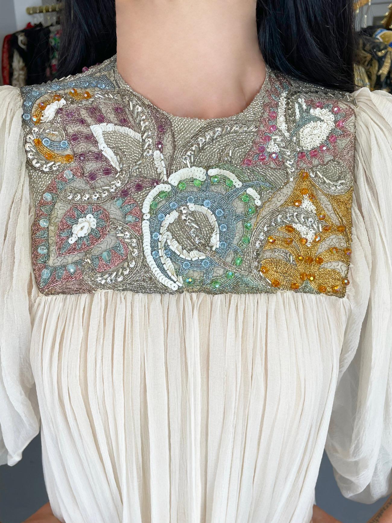 1968 Madame Grès Haute Couture Beaded Embroidered Ivory Sheer Silk Bridal Gown In Good Condition In Beverly Hills, CA