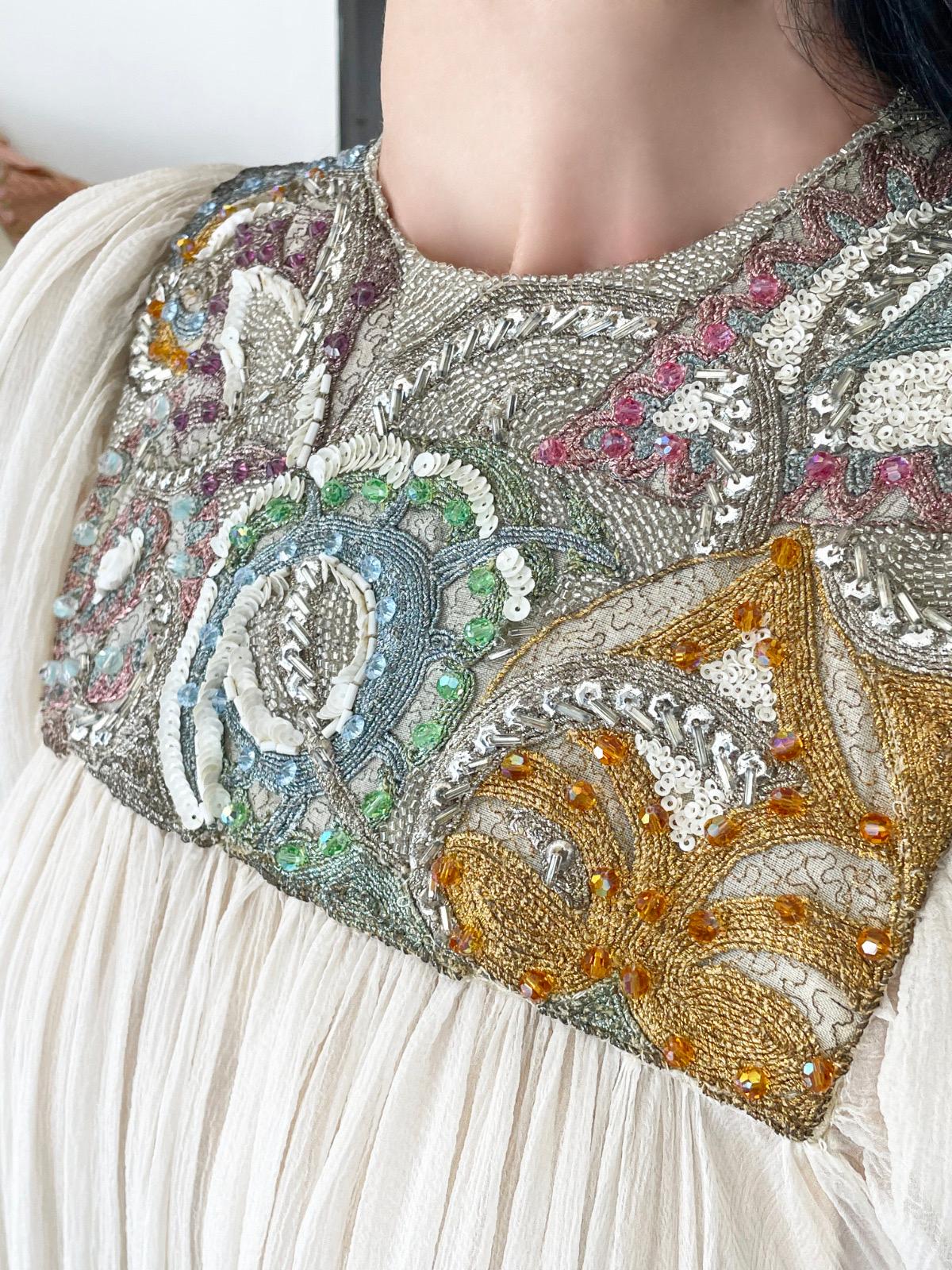 Women's 1968 Madame Grès Haute Couture Beaded Embroidered Ivory Sheer Silk Bridal Gown