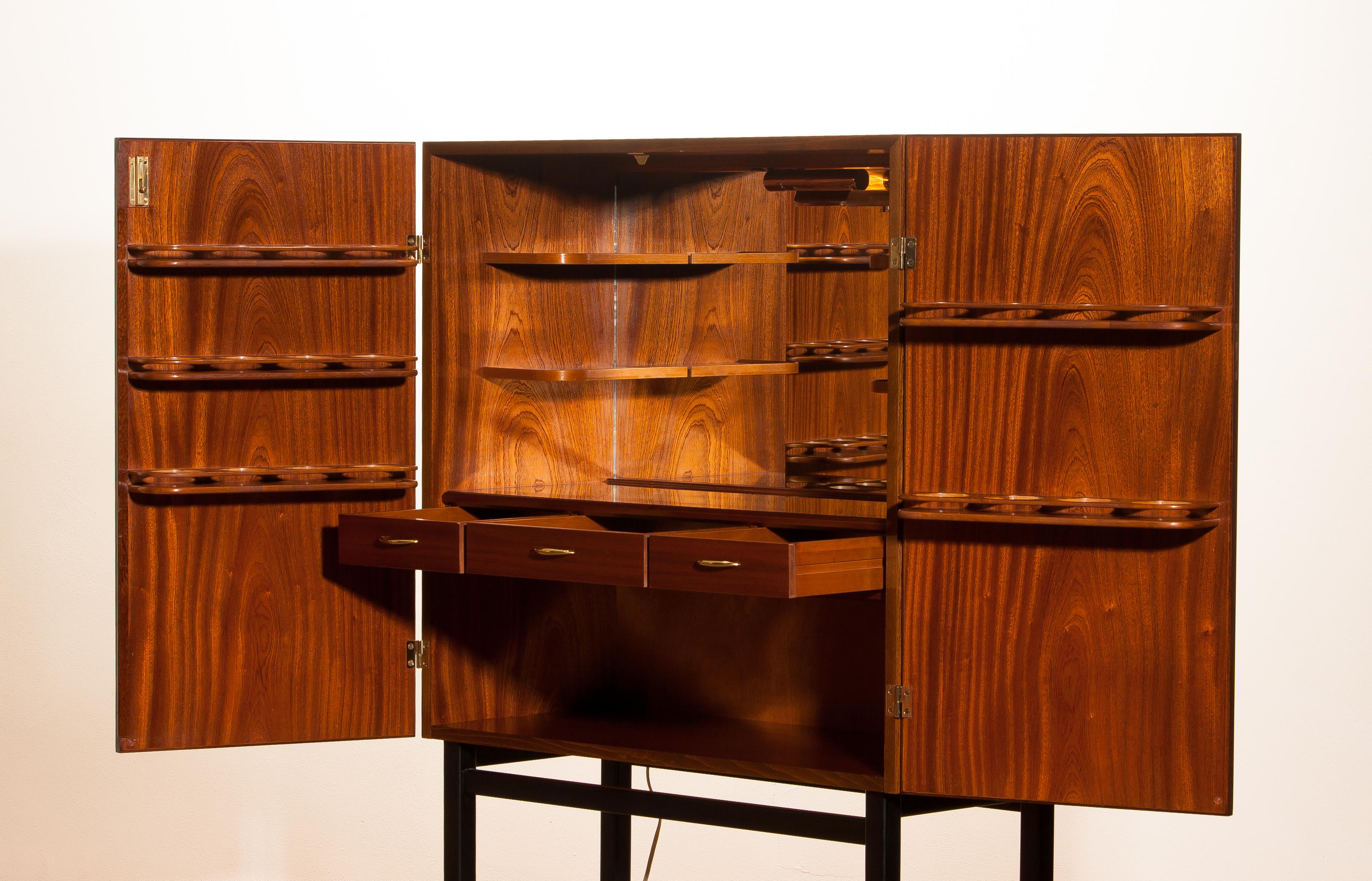 1968, Mahogany and Brass Dry Bar Cabinet High Black Skinny Legs by Förenade 3
