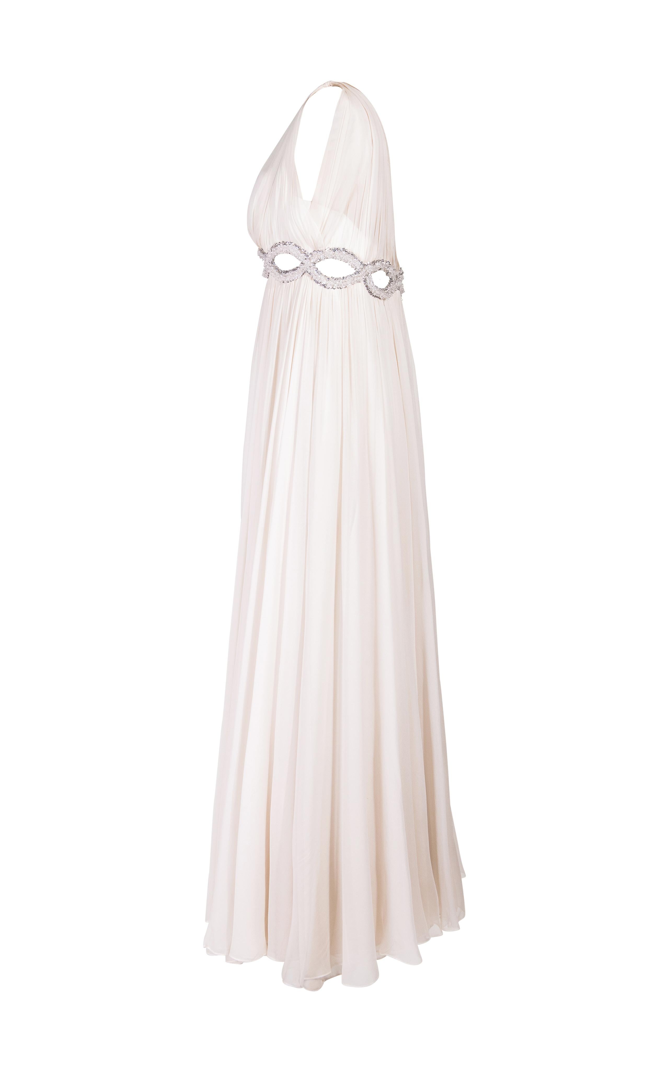 Gray 1968 Malcolm Starr Off-White Pleated Gown with Crystal Cutout Waist For Sale