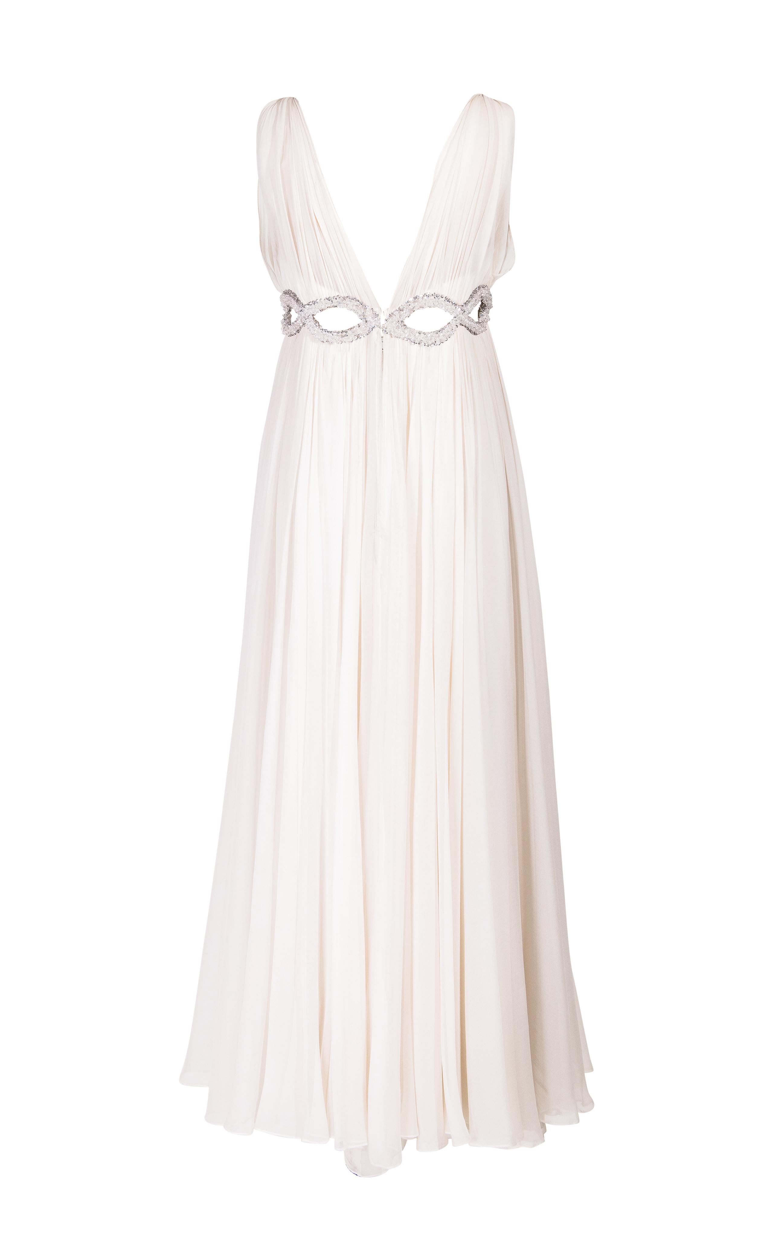 1968 Malcolm Starr Off-White Pleated Gown with Crystal Cutout Waist In Good Condition In North Hollywood, CA