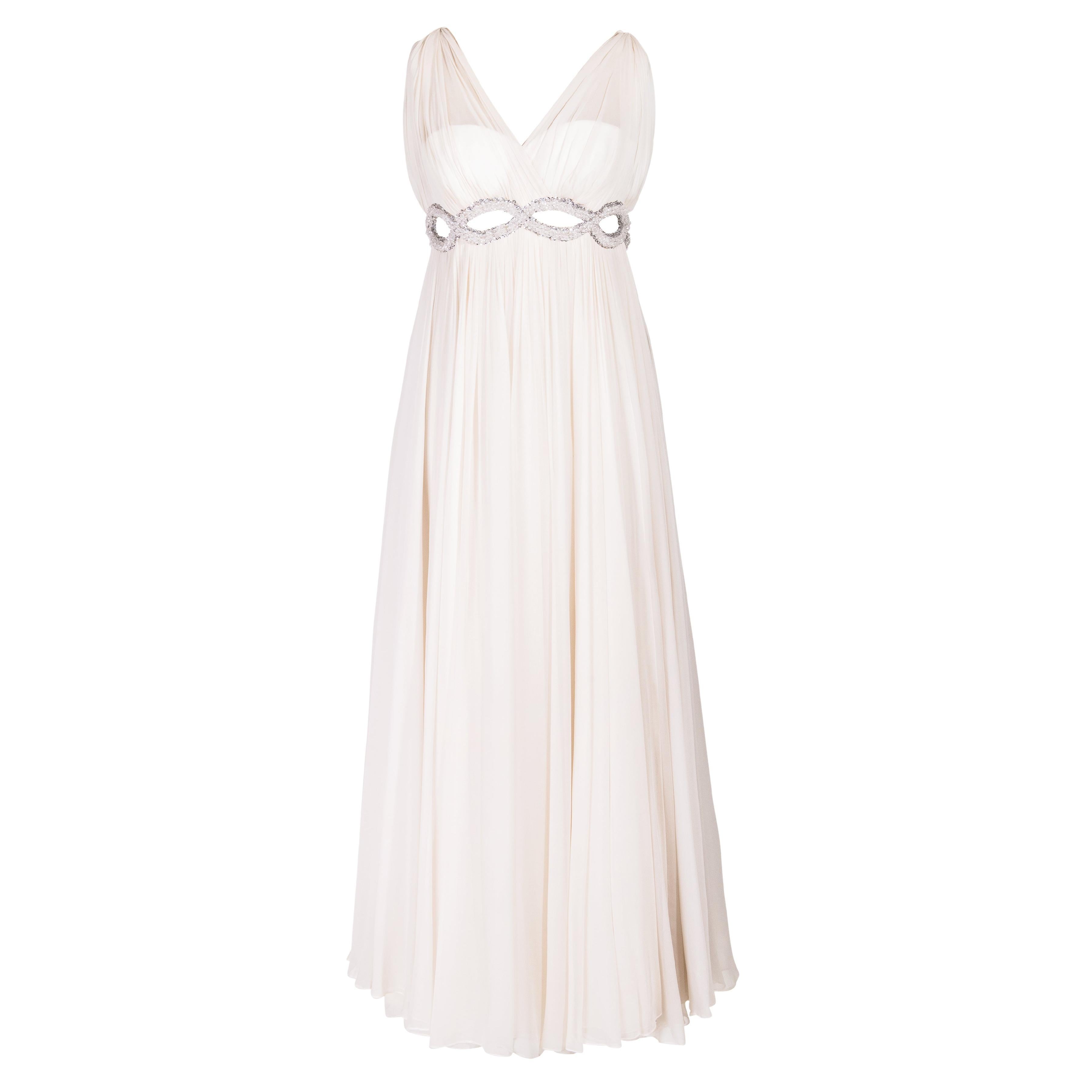 1968 Malcolm Starr Off-White Pleated Gown with Crystal Cutout Waist For Sale