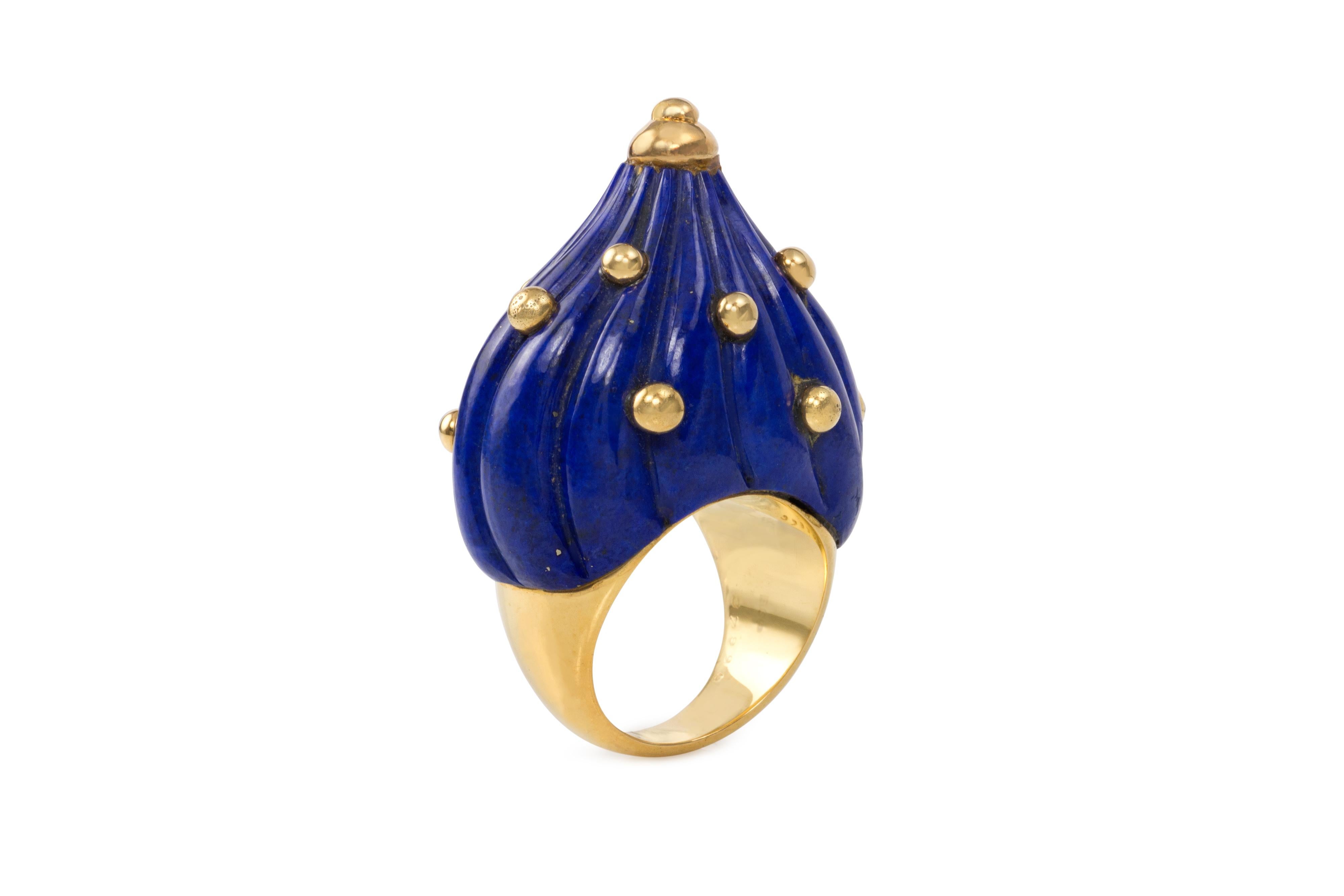 Cabochon 1968 Modernist E.J. Shewry London Carved Lapis and Gold Cocktail Ring