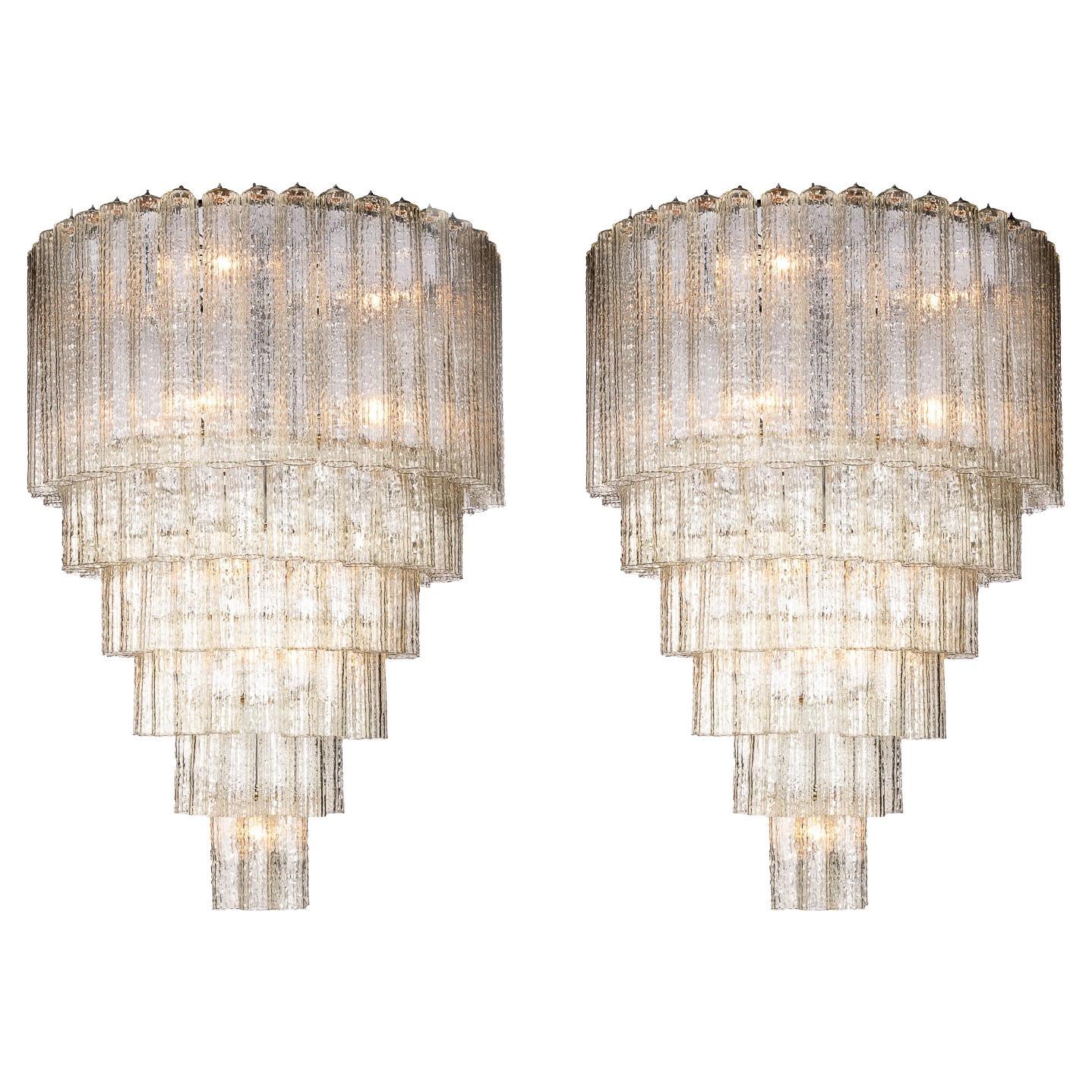 1968 pair of custom Venini chandeliers, from the "Bambù" series. For Sale