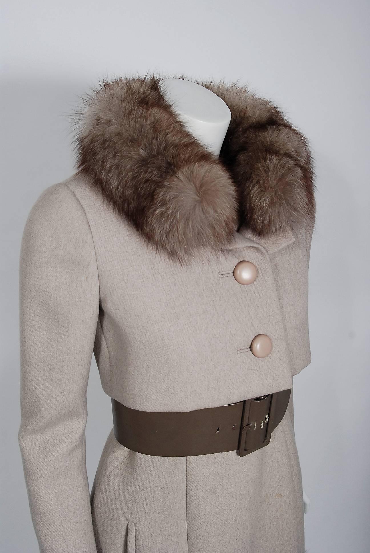 Gray 1962 Norman Norell Oatmeal Wool & Genuine Fox-Fur Belted Dress Jacket Ensemble