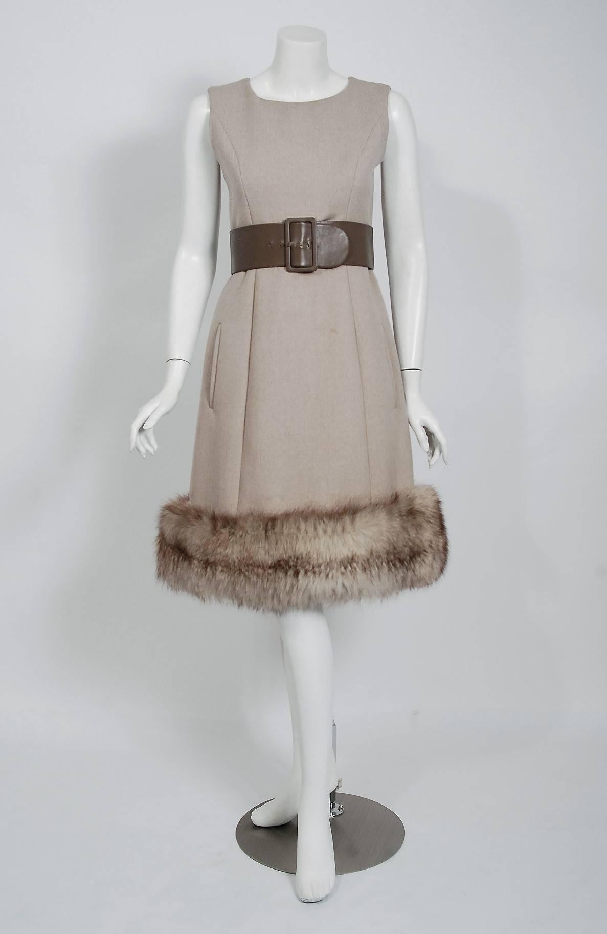 Women's 1962 Norman Norell Oatmeal Wool & Genuine Fox-Fur Belted Dress Jacket Ensemble