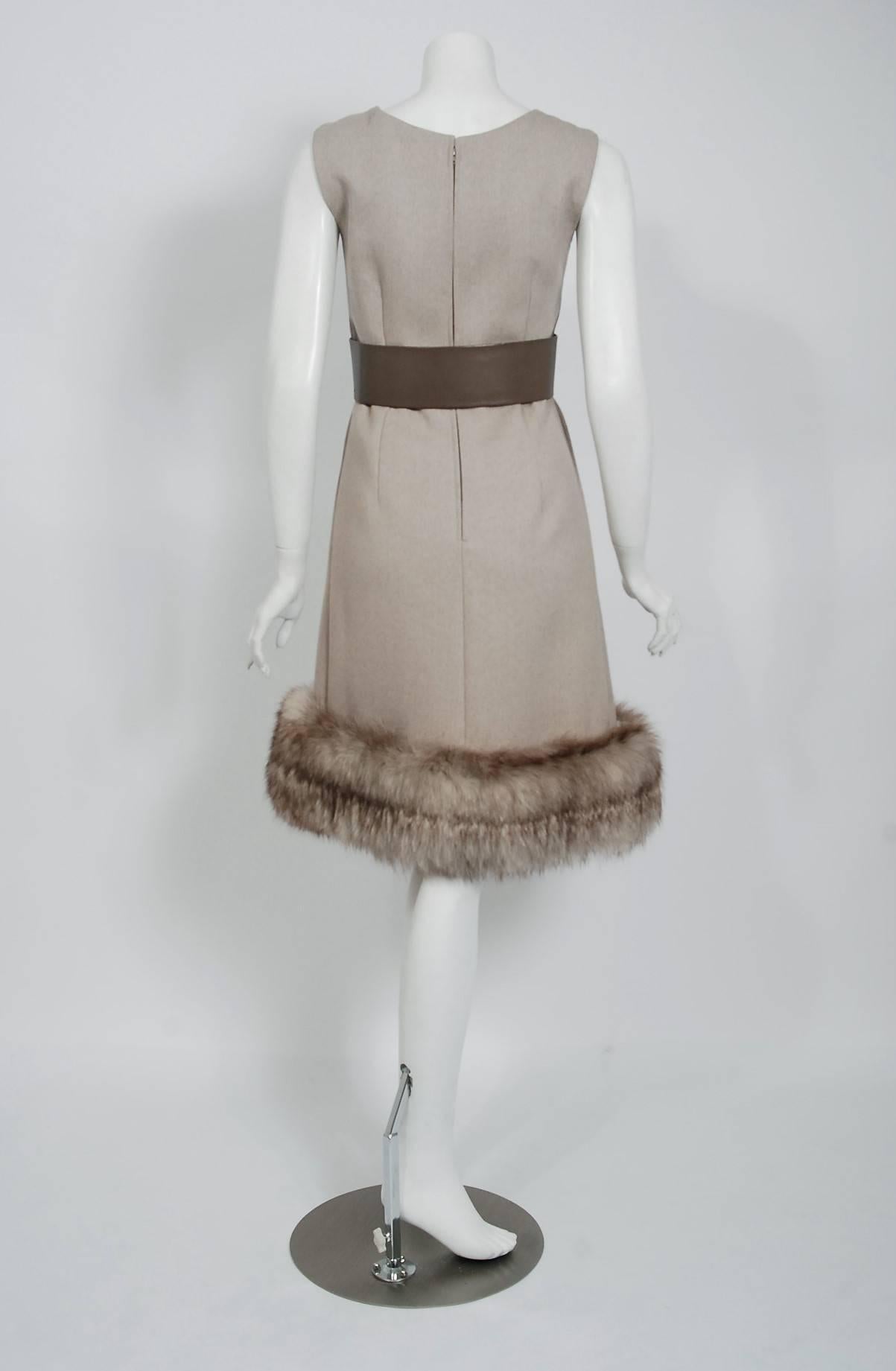 1962 Norman Norell Oatmeal Wool & Genuine Fox-Fur Belted Dress Jacket Ensemble 1