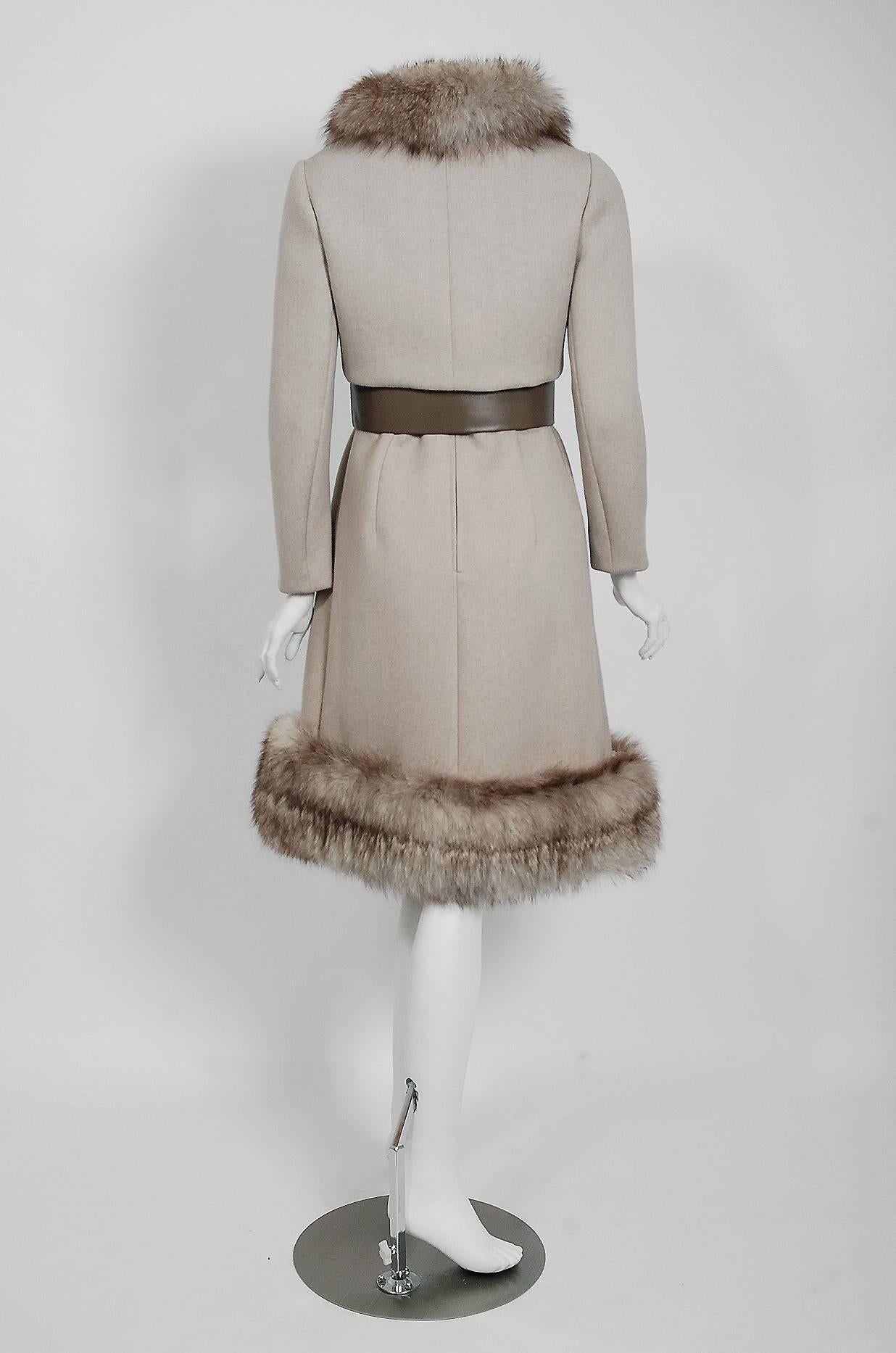 1962 Norman Norell Oatmeal Wool & Genuine Fox-Fur Belted Dress Jacket Ensemble 2