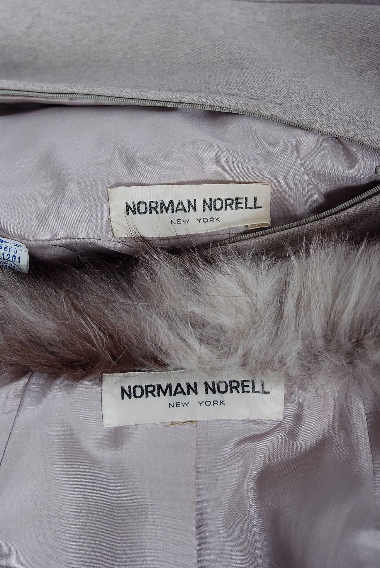 1962 Norman Norell Oatmeal Wool & Genuine Fox-Fur Belted Dress Jacket Ensemble 3