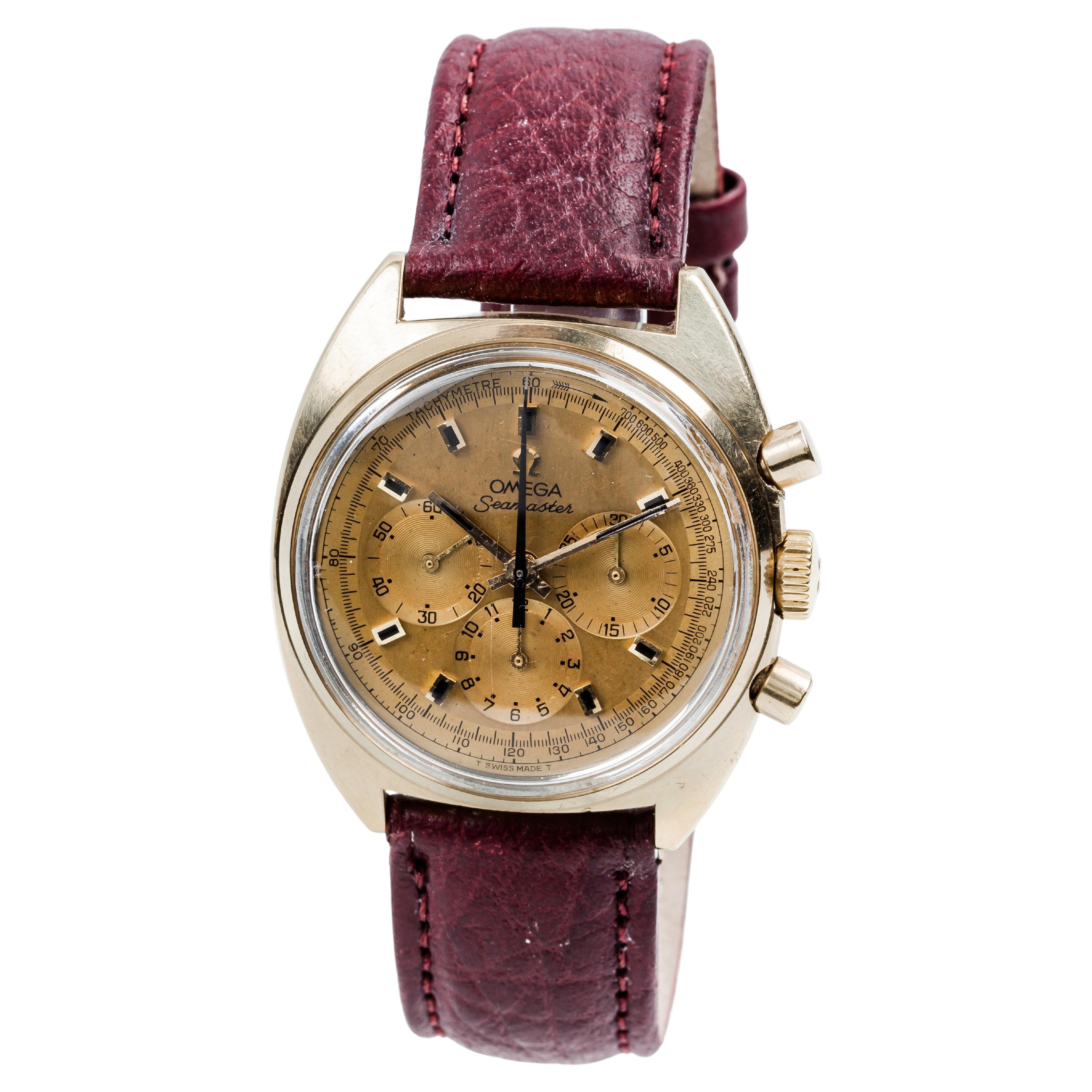 1968 Omega Saemaster Chronograph Yellow Gold 37mm leather strap with box. 
Mechanical manual wind
Case Number 27710112
17 rubies, all original condition weight 76gr 
leather strap new
Condition : Très bon état
Garantie : Révisée, Garantie 1