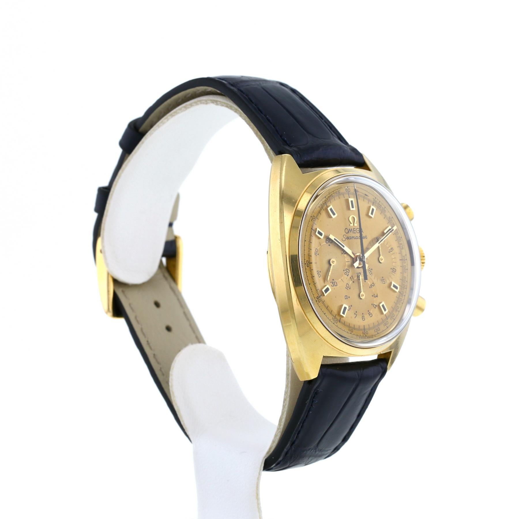1968 Omega Saemaster Chronograph Yellow Gold 37mm leather strap with box. 
Mechanical manual wind
Case Number 27710112
17 rubies, all original condition weight 76gr 
leather strap new
Condition : Très bon état
Garantie : Révisée, Garantie 1