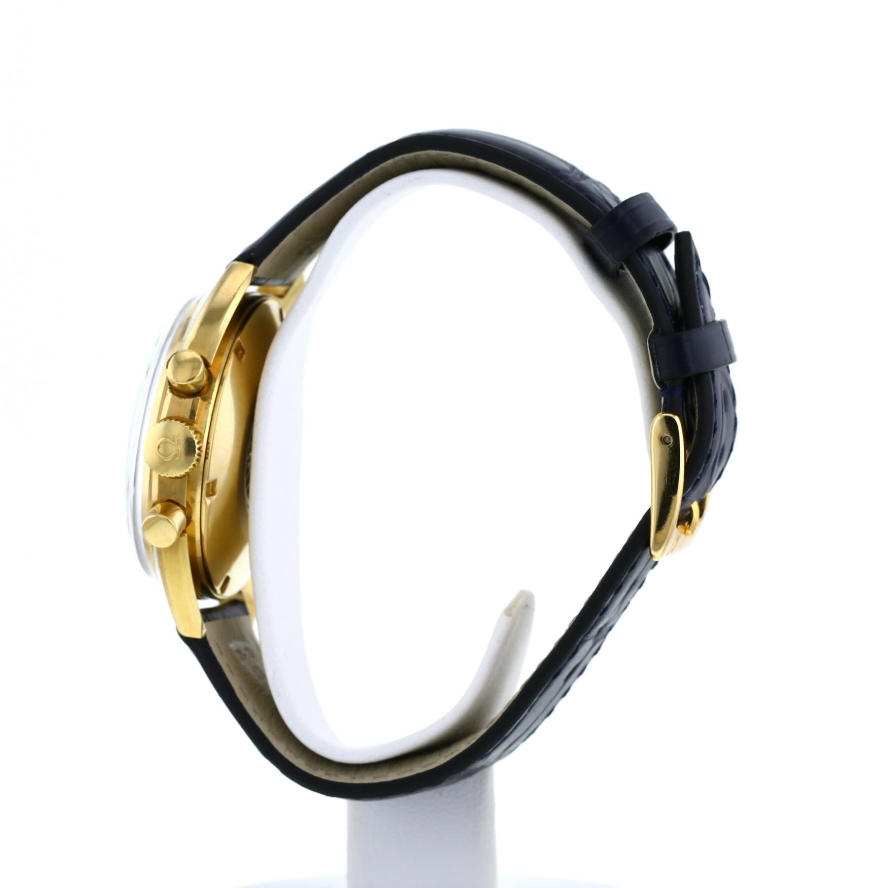 Brilliant Cut 1968 Omega Saemaster Chronograph Yellow Gold Leather Strap For Sale