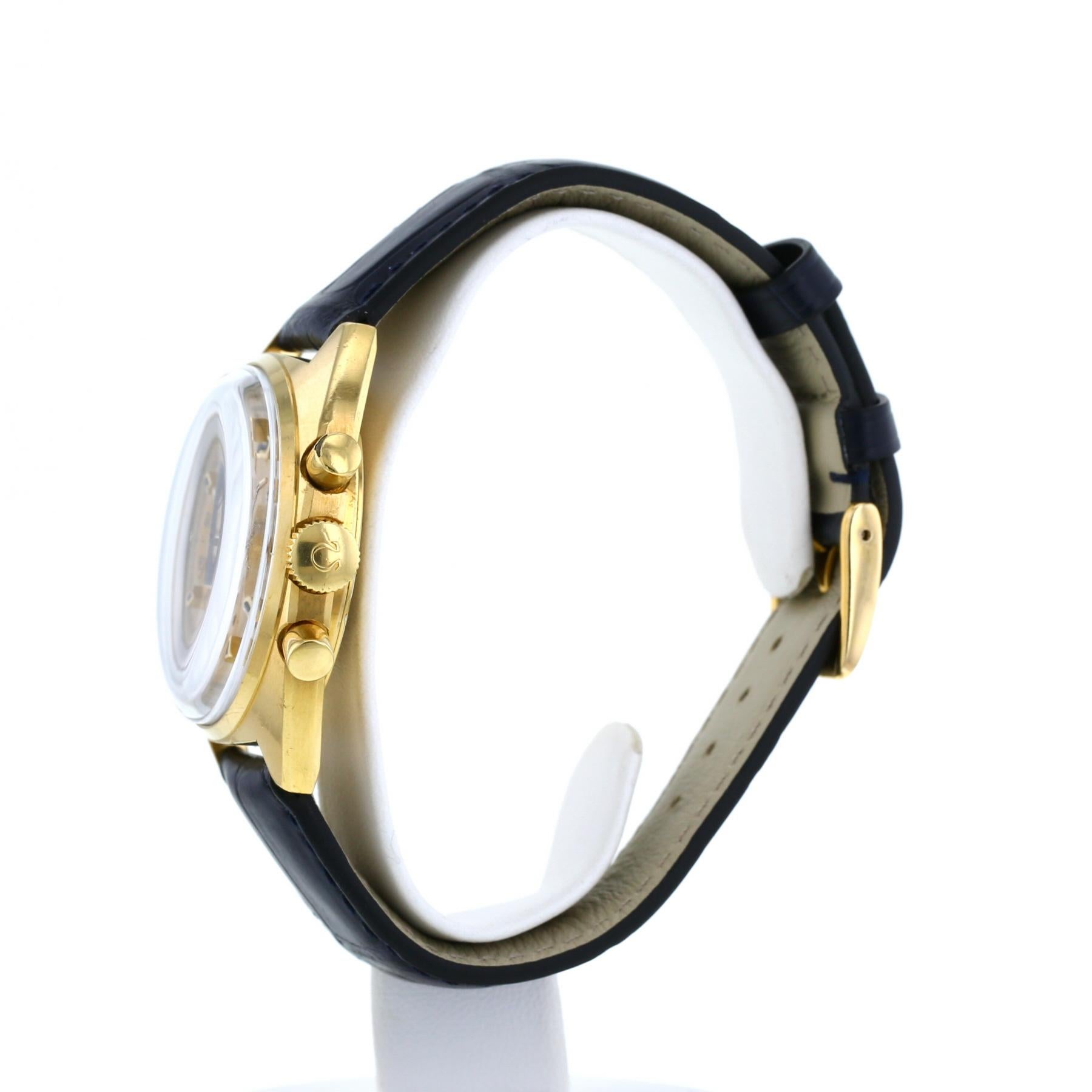Women's or Men's 1968 Omega Saemaster Chronograph Yellow Gold Leather Strap For Sale