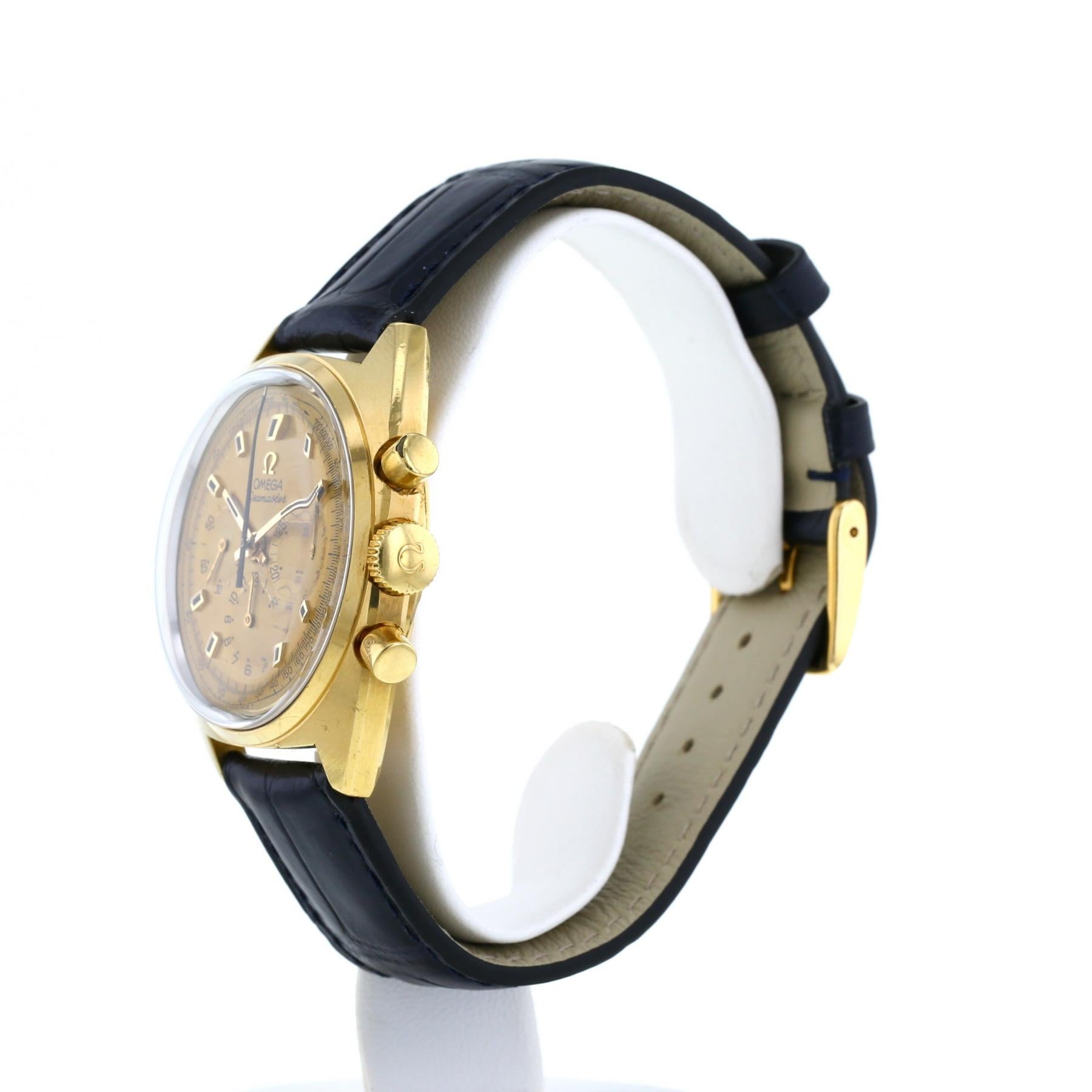 1968 Omega Saemaster Chronograph Yellow Gold Leather Strap For Sale 1