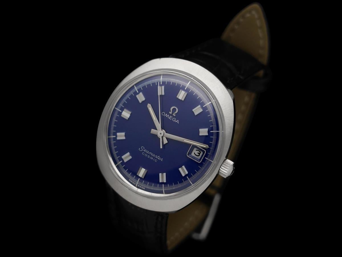 1968 Reloj Omega Seamaster Vintage de cuerda manual para caballero con esfera azul marino en Excelente estado para la venta en Suwanee, GA