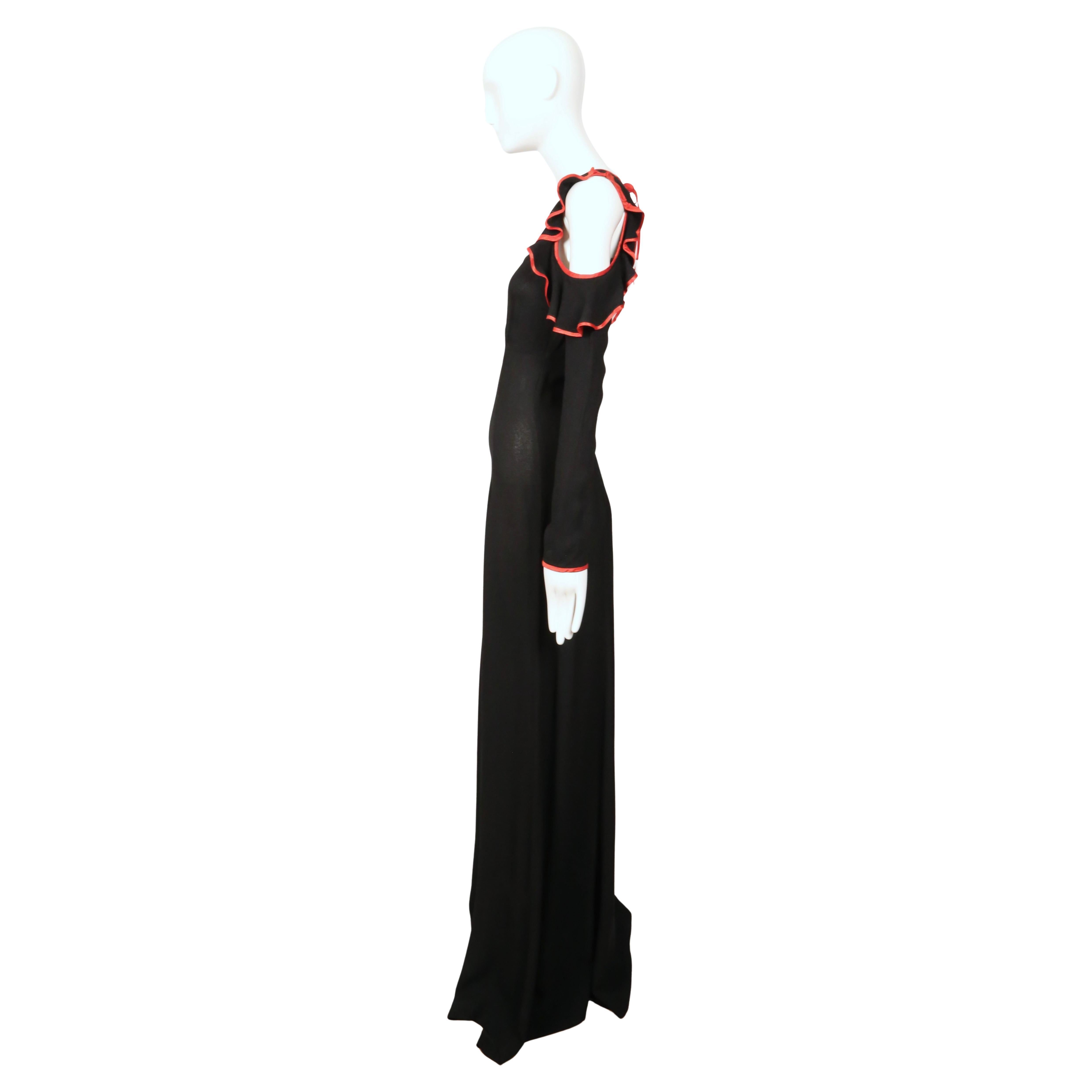 1968 OSSIE CLARK black moss crepe dress with keyhole neckline ruffles & red trim in vendita 5