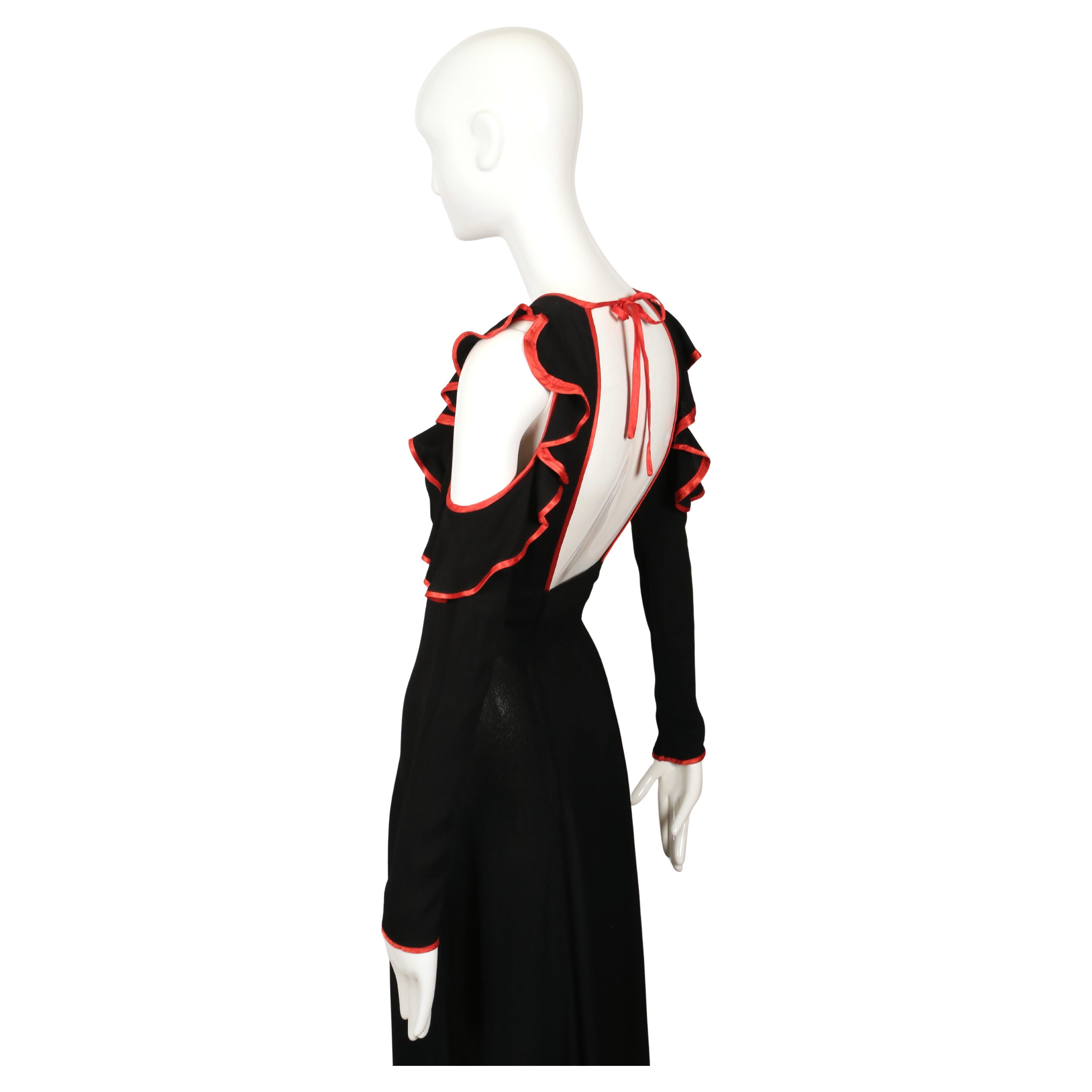1968 OSSIE CLARK black moss crepe dress with keyhole neckline ruffles & red trim in vendita 6
