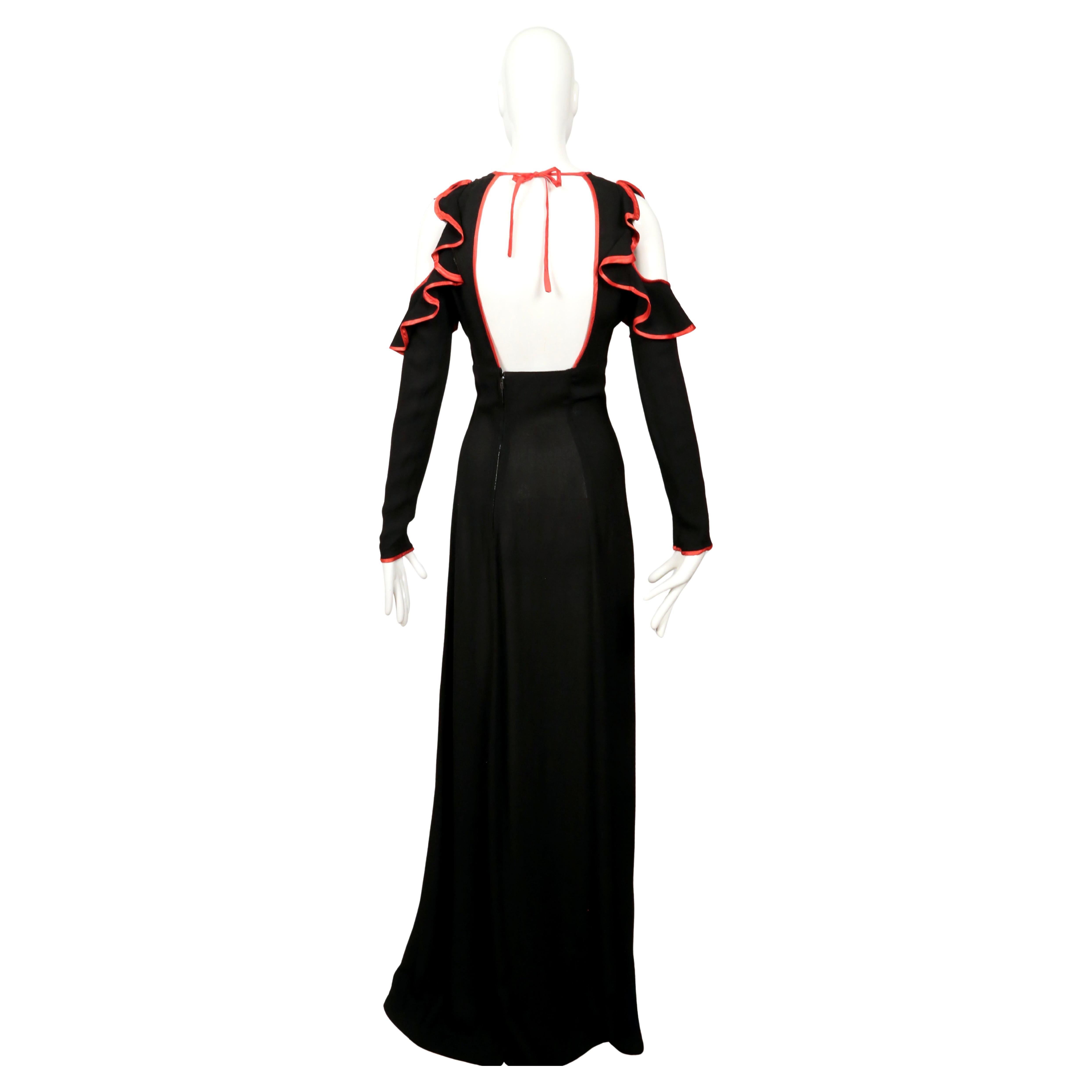 1968 OSSIE CLARK black moss crepe dress with keyhole neckline ruffles & red trim in vendita 8