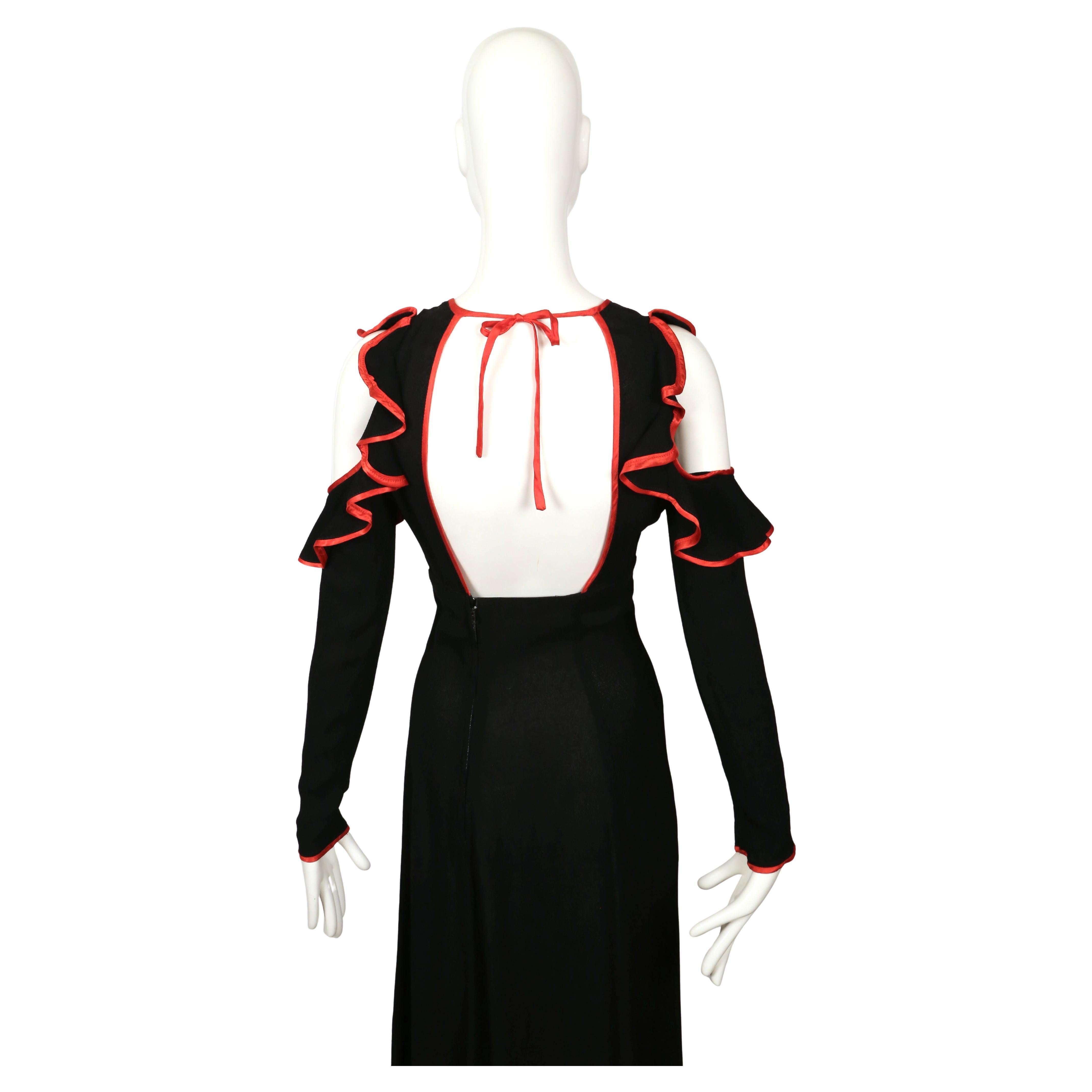 1968 OSSIE CLARK black moss crepe dress with keyhole neckline ruffles & red trim in vendita 9
