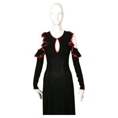 1968 OSSIE CLARK black moss crepe dress with keyhole neckline ruffles & red trim