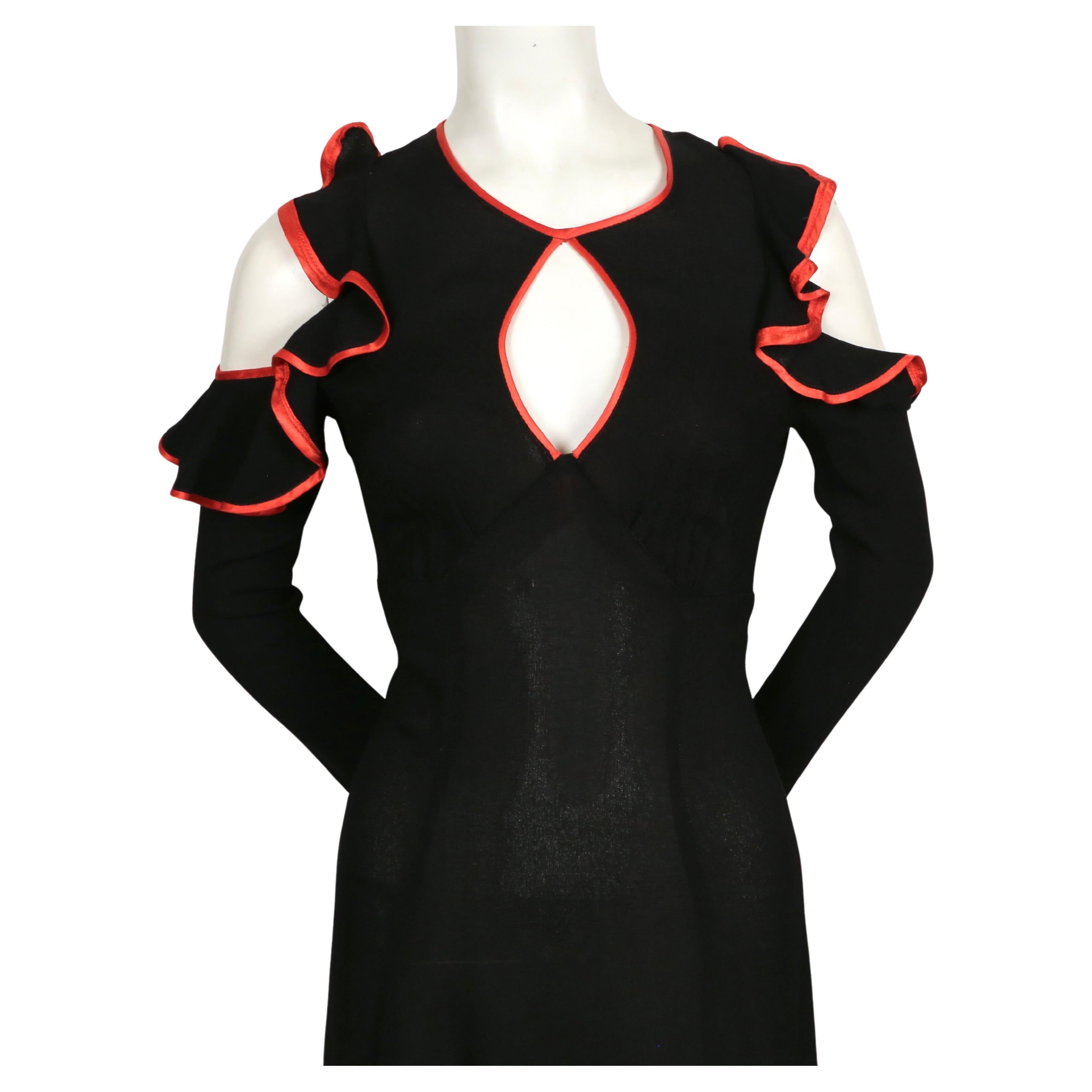 1968 OSSIE CLARK black moss crepe dress with keyhole neckline ruffles & red trim In Good Condition For Sale In San Fransisco, CA