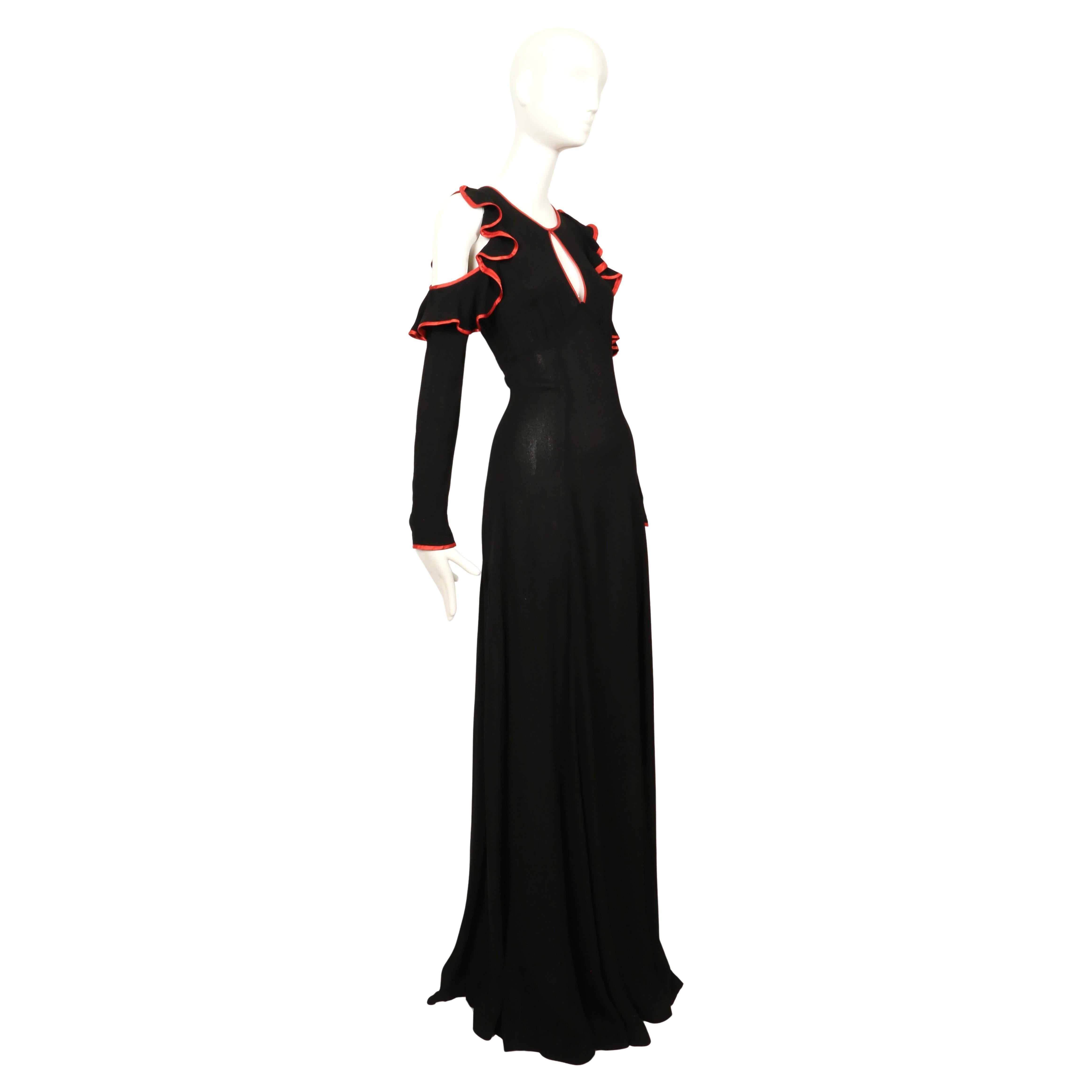 1968 OSSIE CLARK black moss crepe dress with keyhole neckline ruffles & red trim In condizioni buone in vendita a San Fransisco, CA