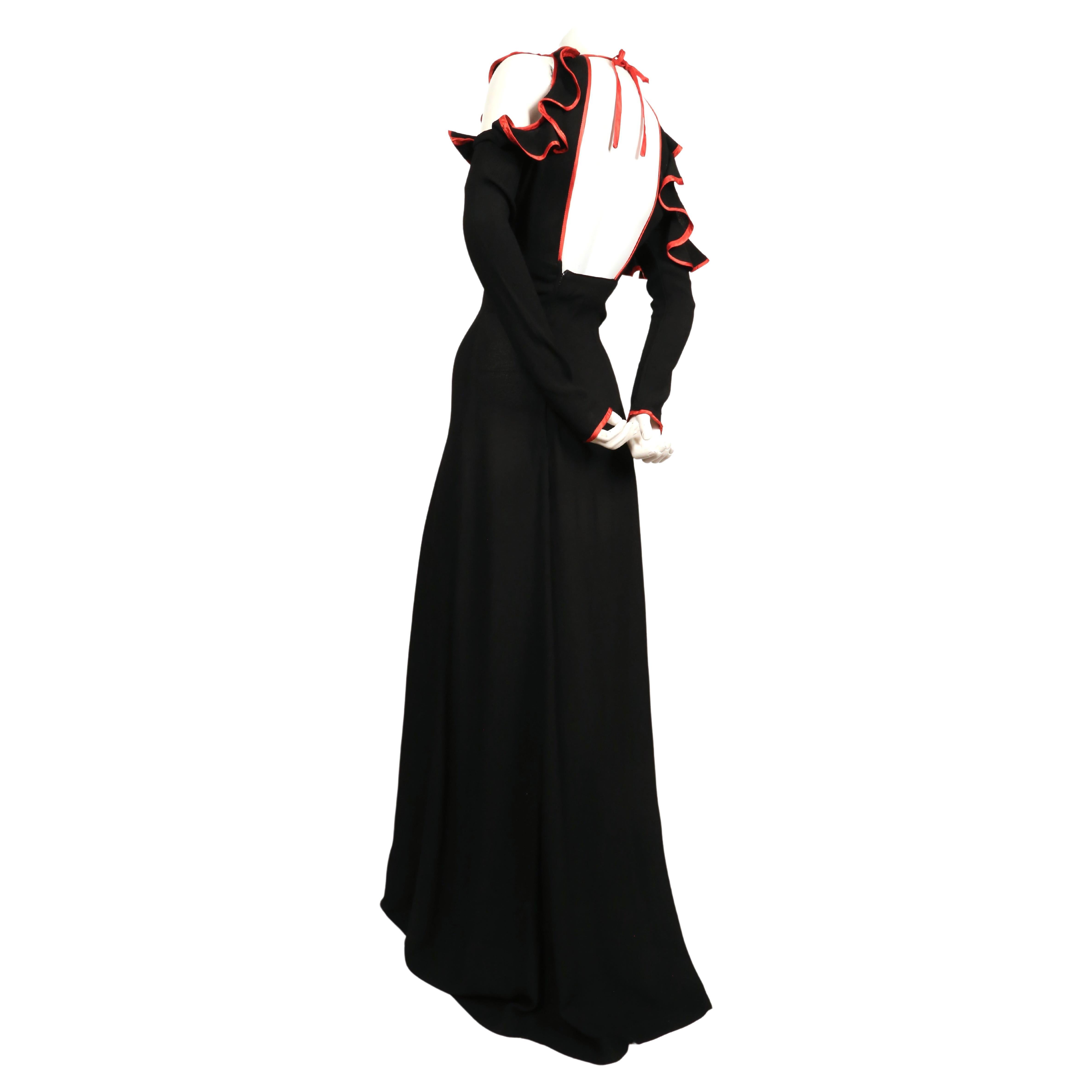1968 OSSIE CLARK black moss crepe dress with keyhole neckline ruffles & red trim For Sale 1