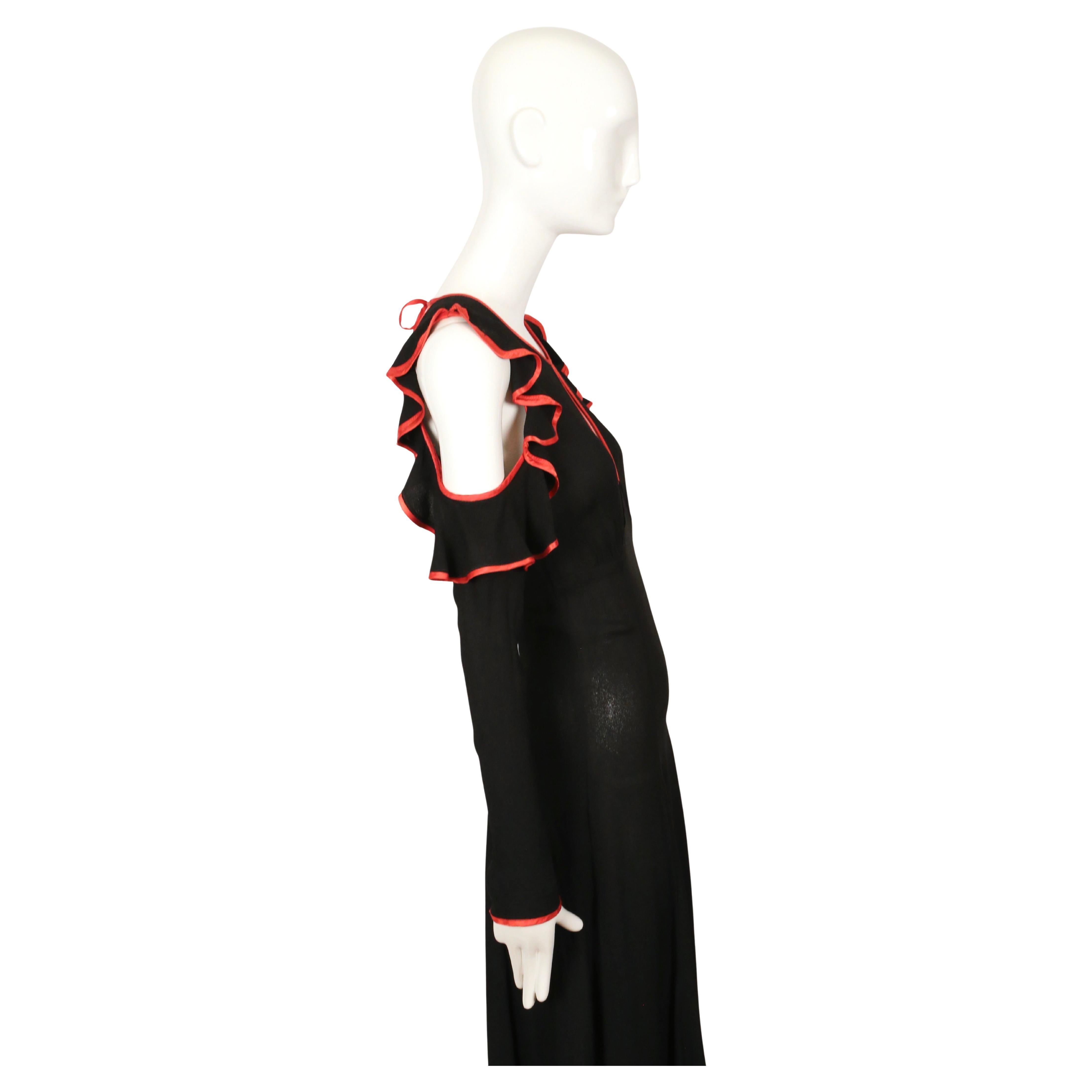 Donna 1968 OSSIE CLARK black moss crepe dress with keyhole neckline ruffles & red trim in vendita