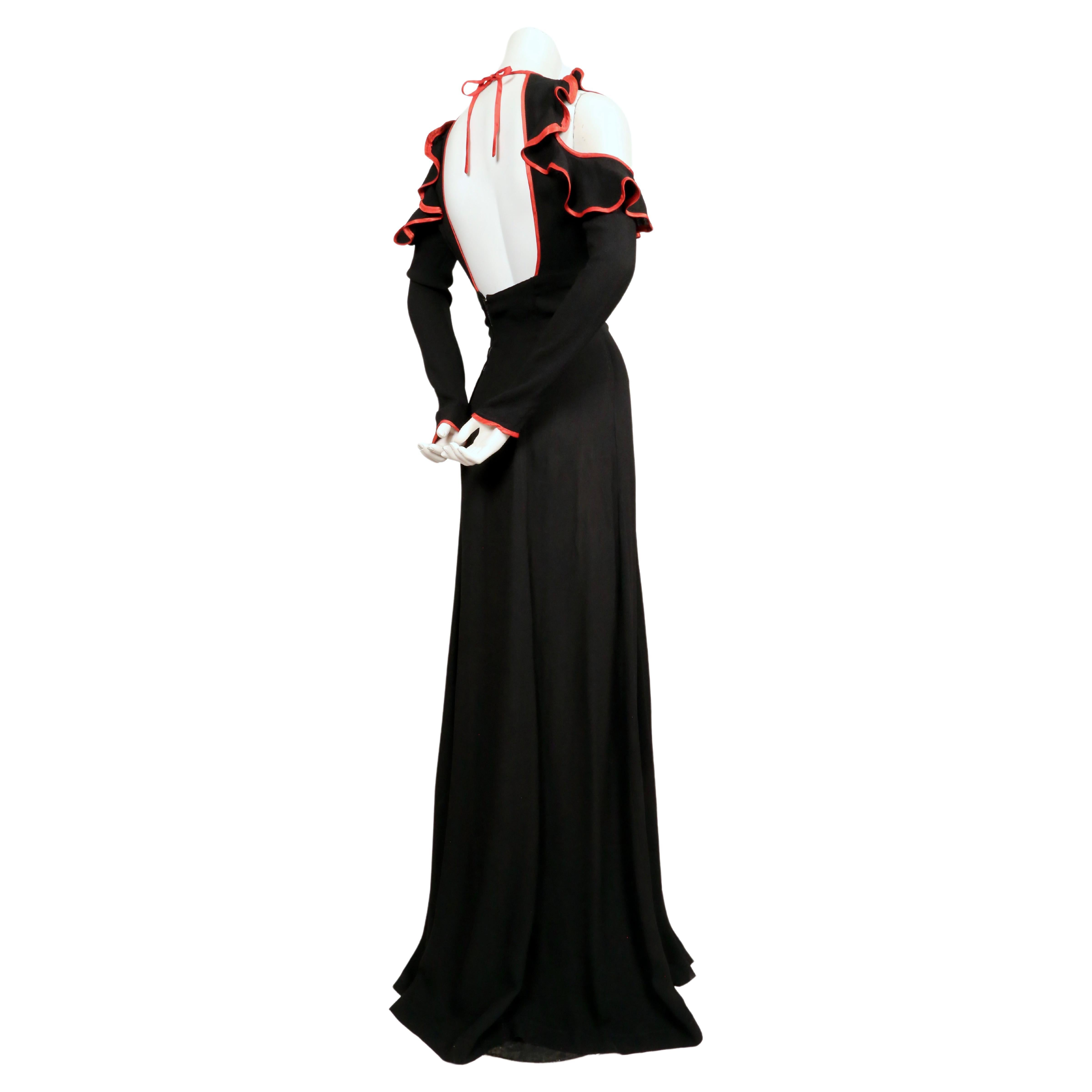 1968 OSSIE CLARK black moss crepe dress with keyhole neckline ruffles & red trim For Sale 2