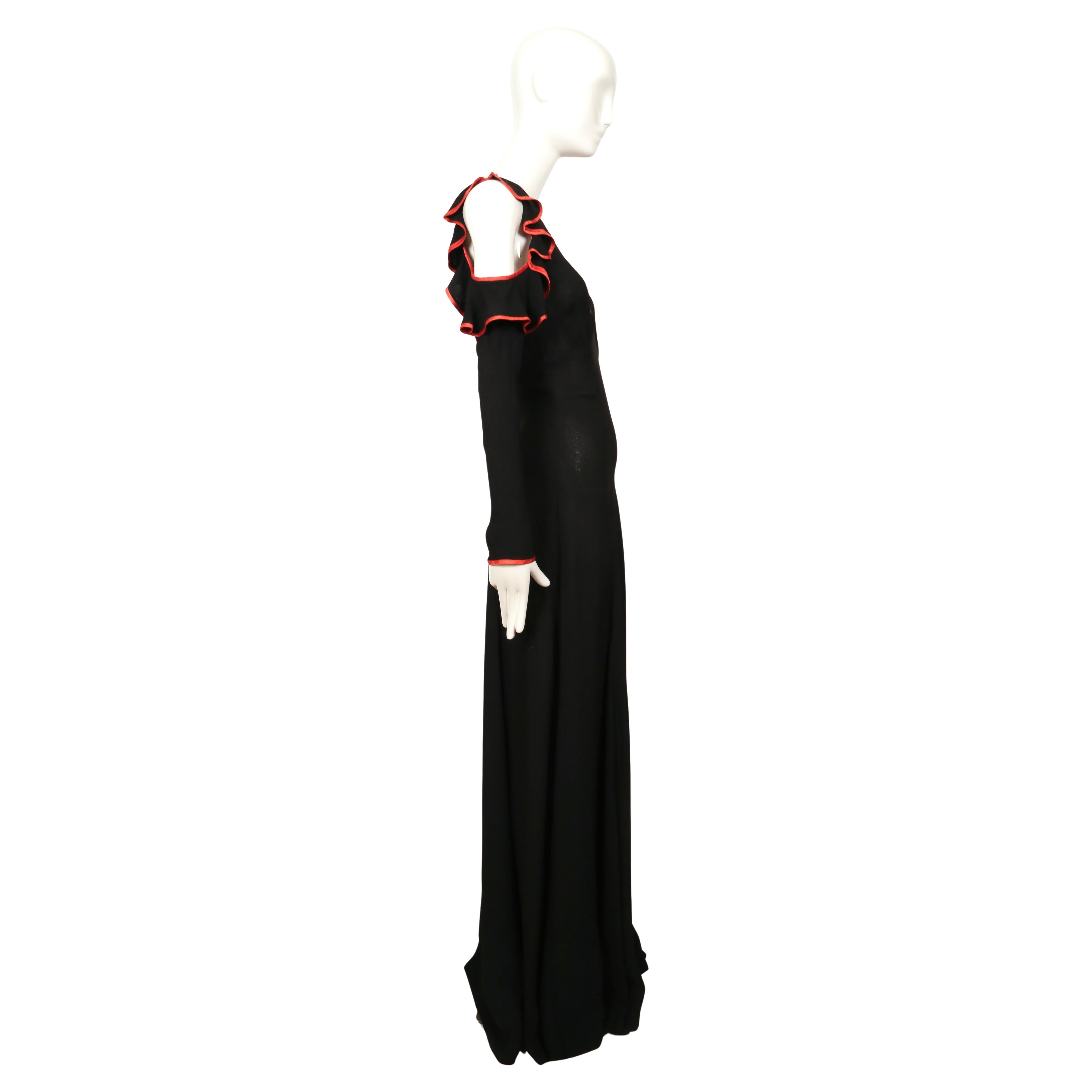 1968 OSSIE CLARK black moss crepe dress with keyhole neckline ruffles & red trim in vendita 1