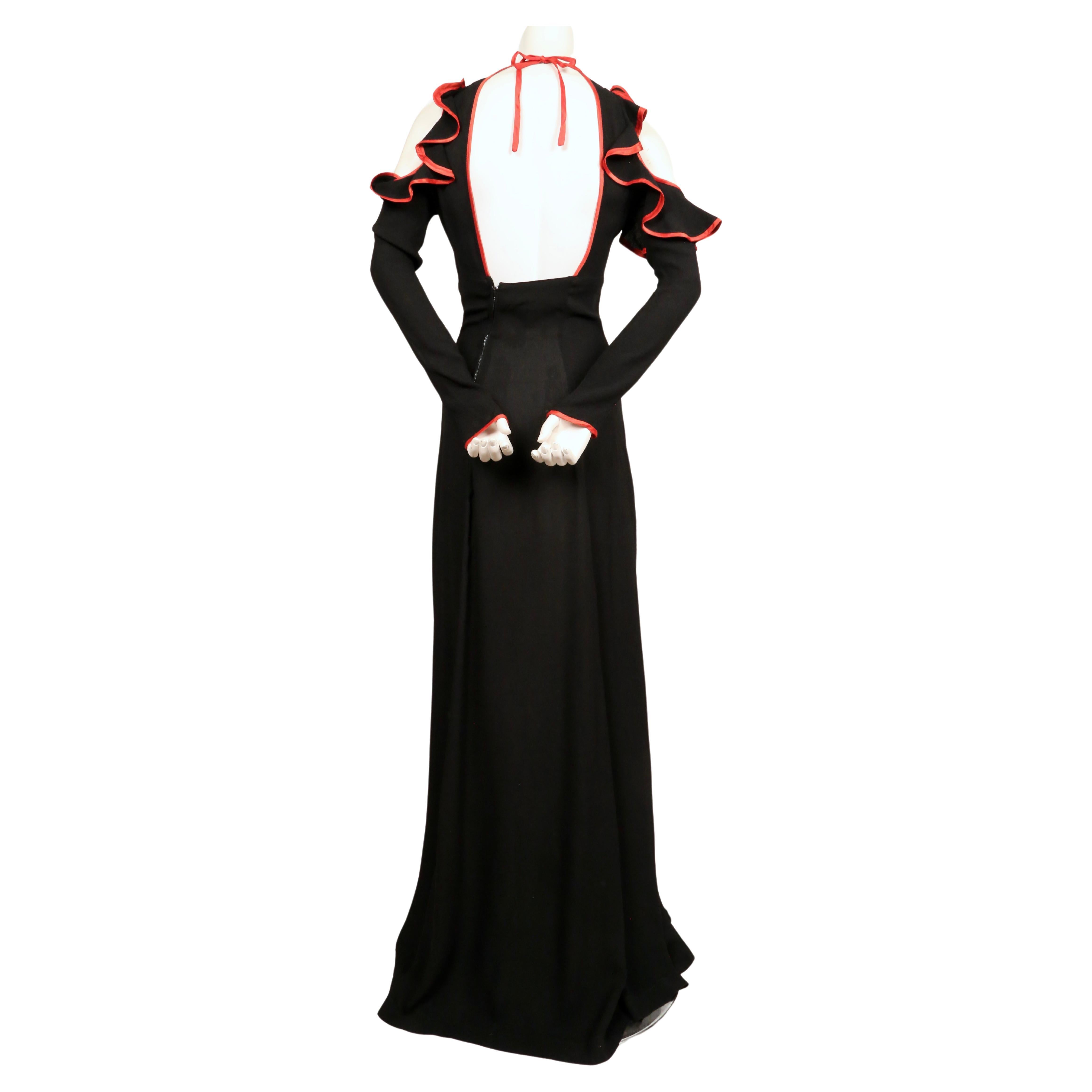 1968 OSSIE CLARK black moss crepe dress with keyhole neckline ruffles & red trim For Sale 3