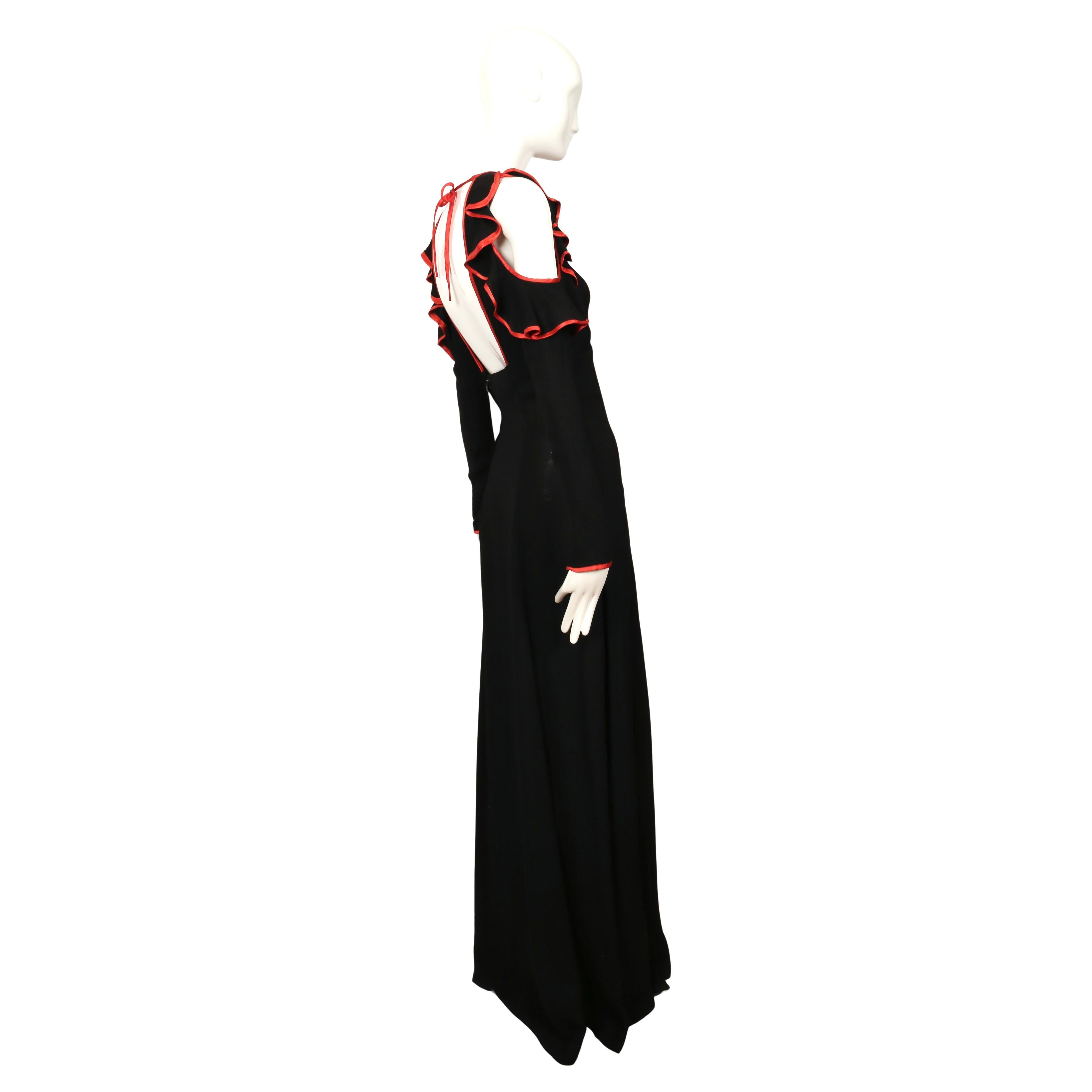 1968 OSSIE CLARK black moss crepe dress with keyhole neckline ruffles & red trim in vendita 2