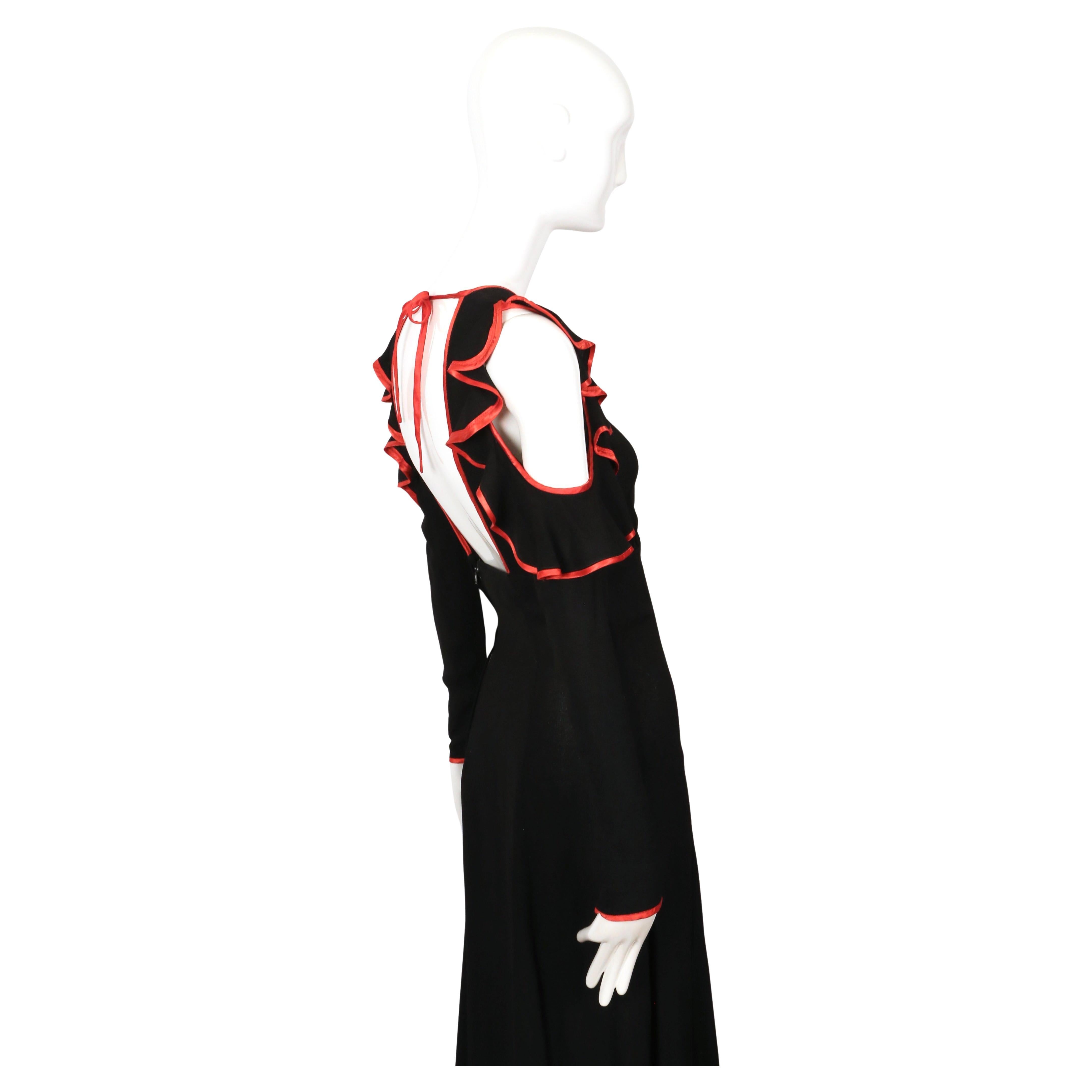 1968 OSSIE CLARK black moss crepe dress with keyhole neckline ruffles & red trim in vendita 3