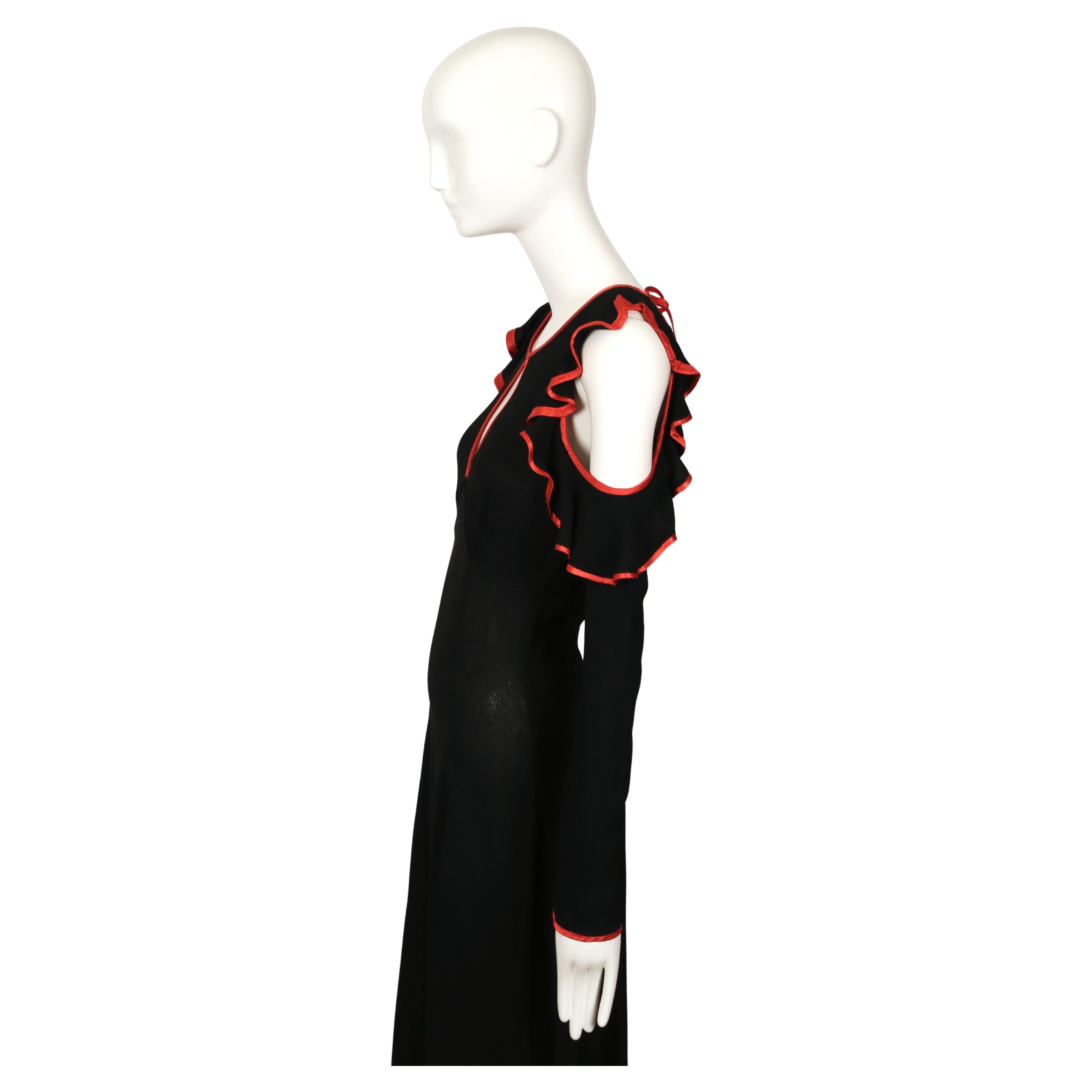 1968 OSSIE CLARK black moss crepe dress with keyhole neckline ruffles & red trim in vendita 4